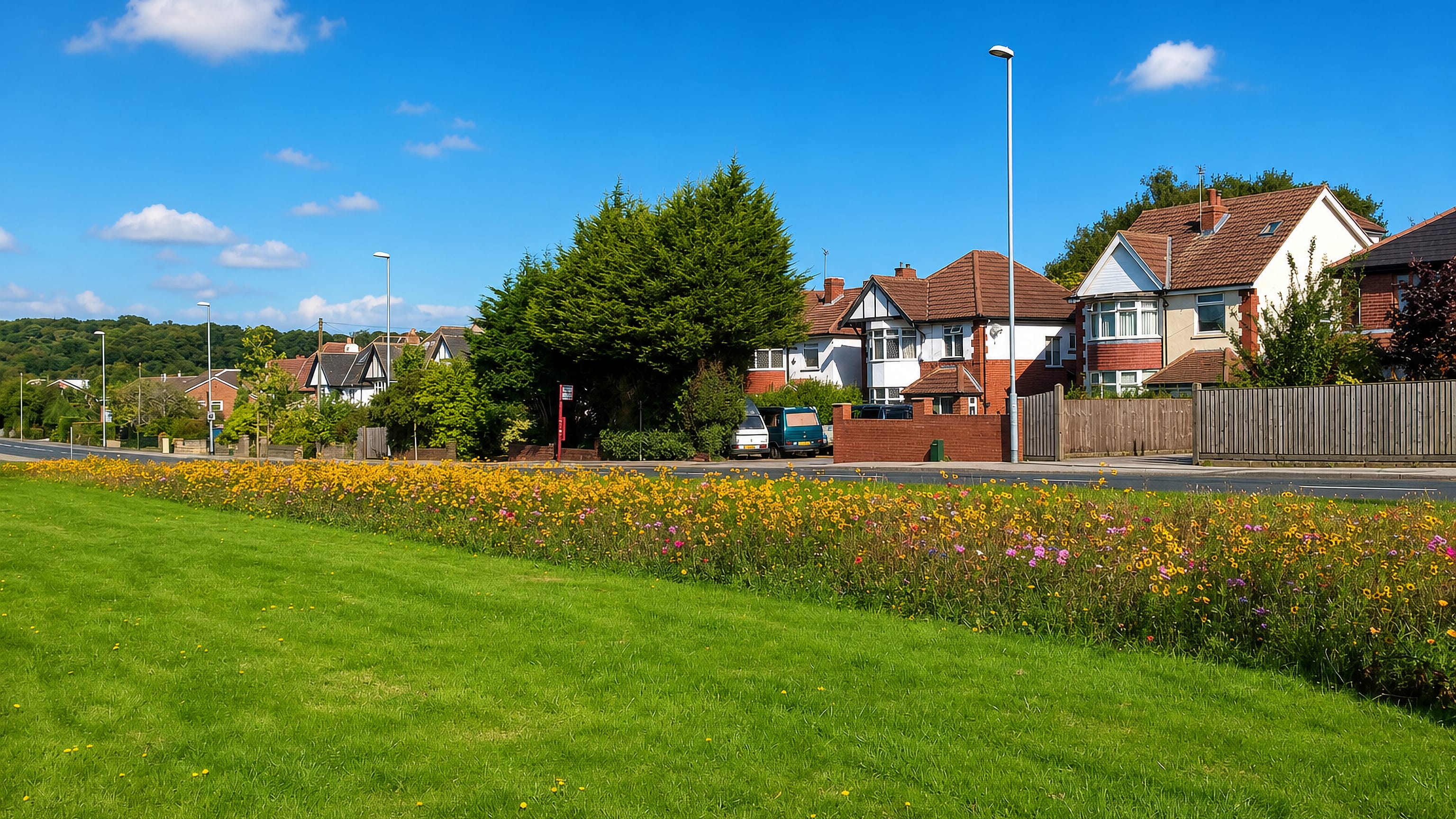 Wildflower verge beside 1930s semi-detached houses on a suburban road in Alwoodley, Leeds.