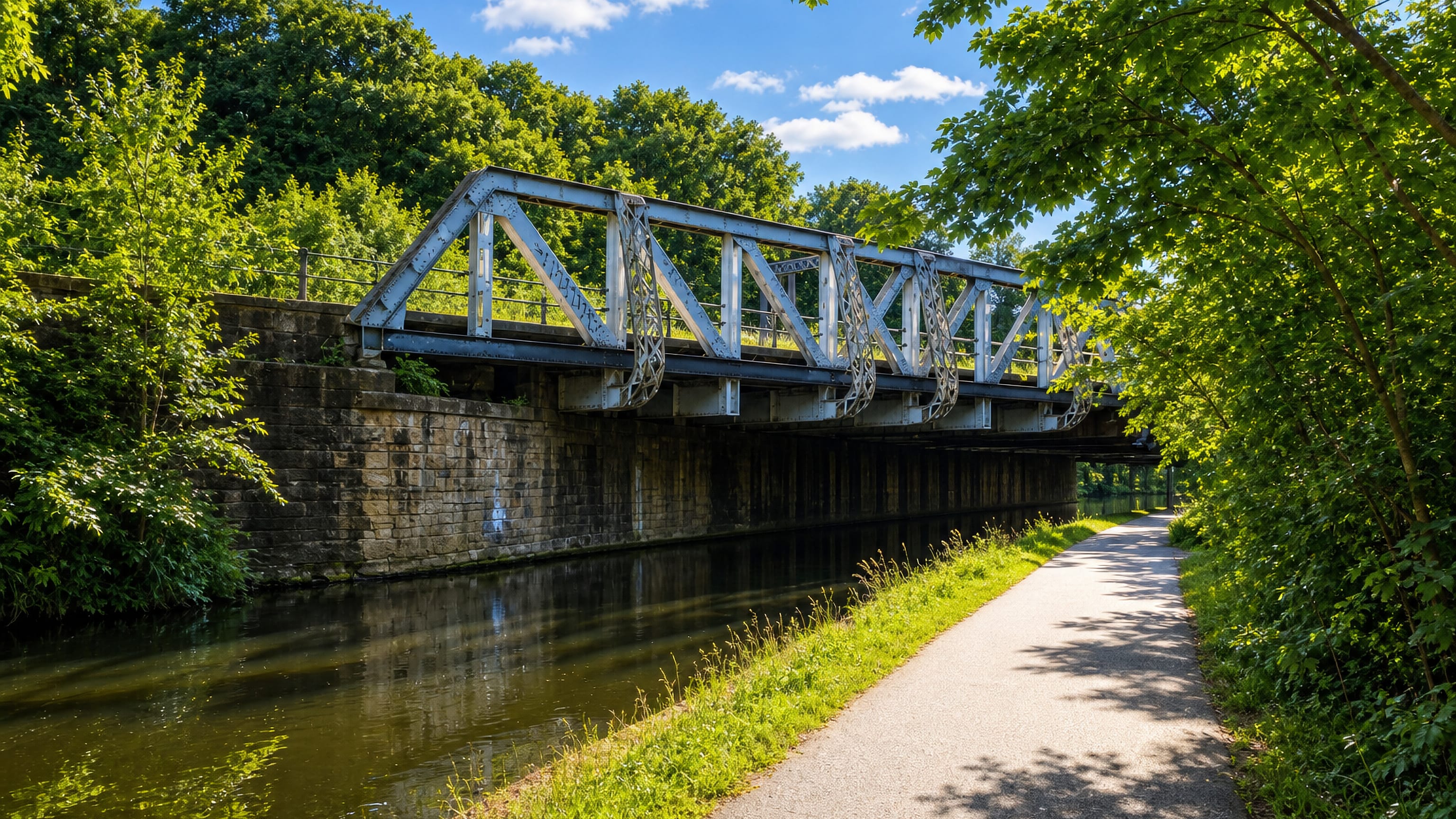 A steel truss bridge over the Leeds and Liverpool Canal beside the towpath at Armley, Leeds