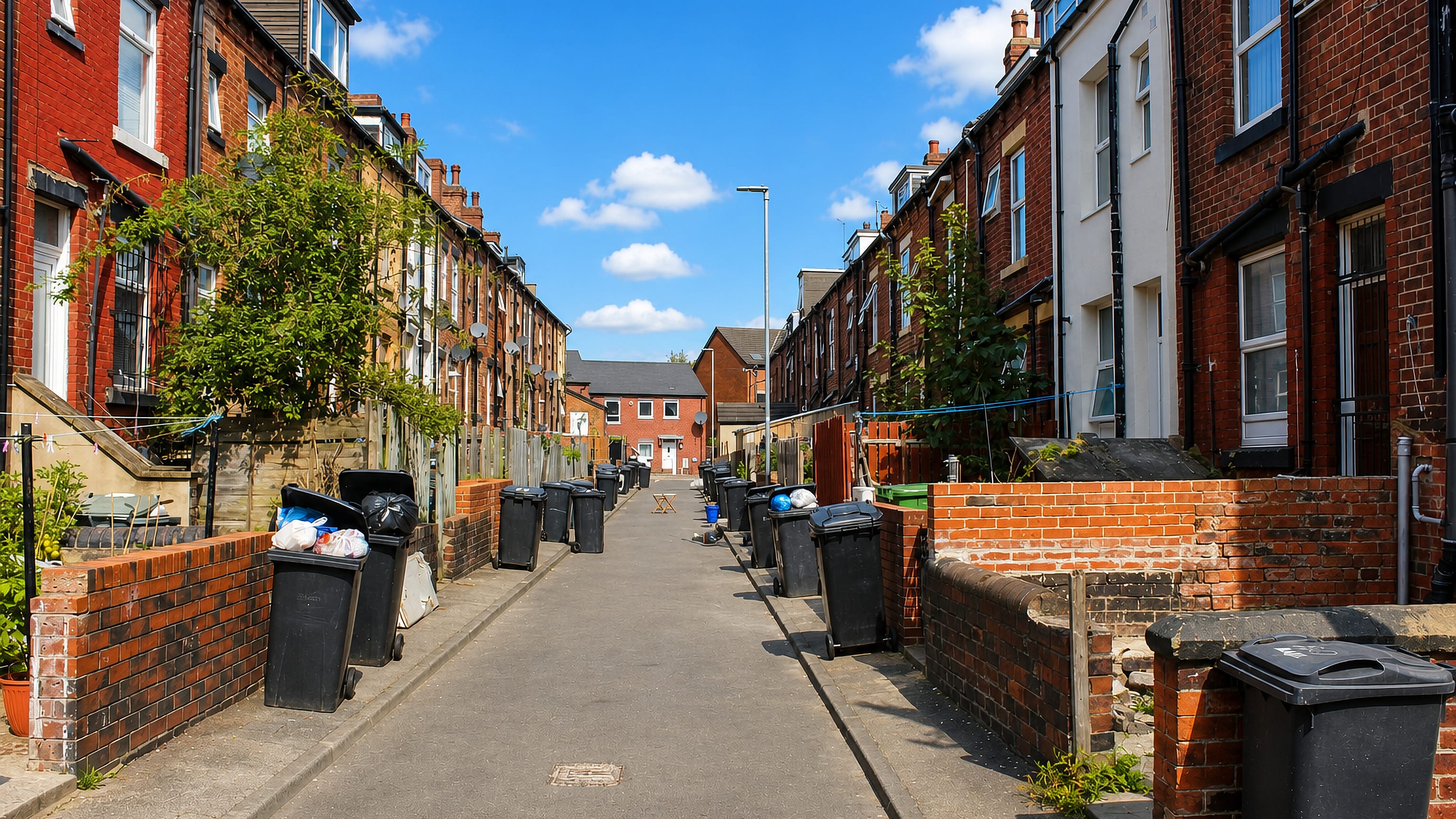 Red-brick back-to-back terraced street lined with wheelie bins in Beeston Hill, Leeds.