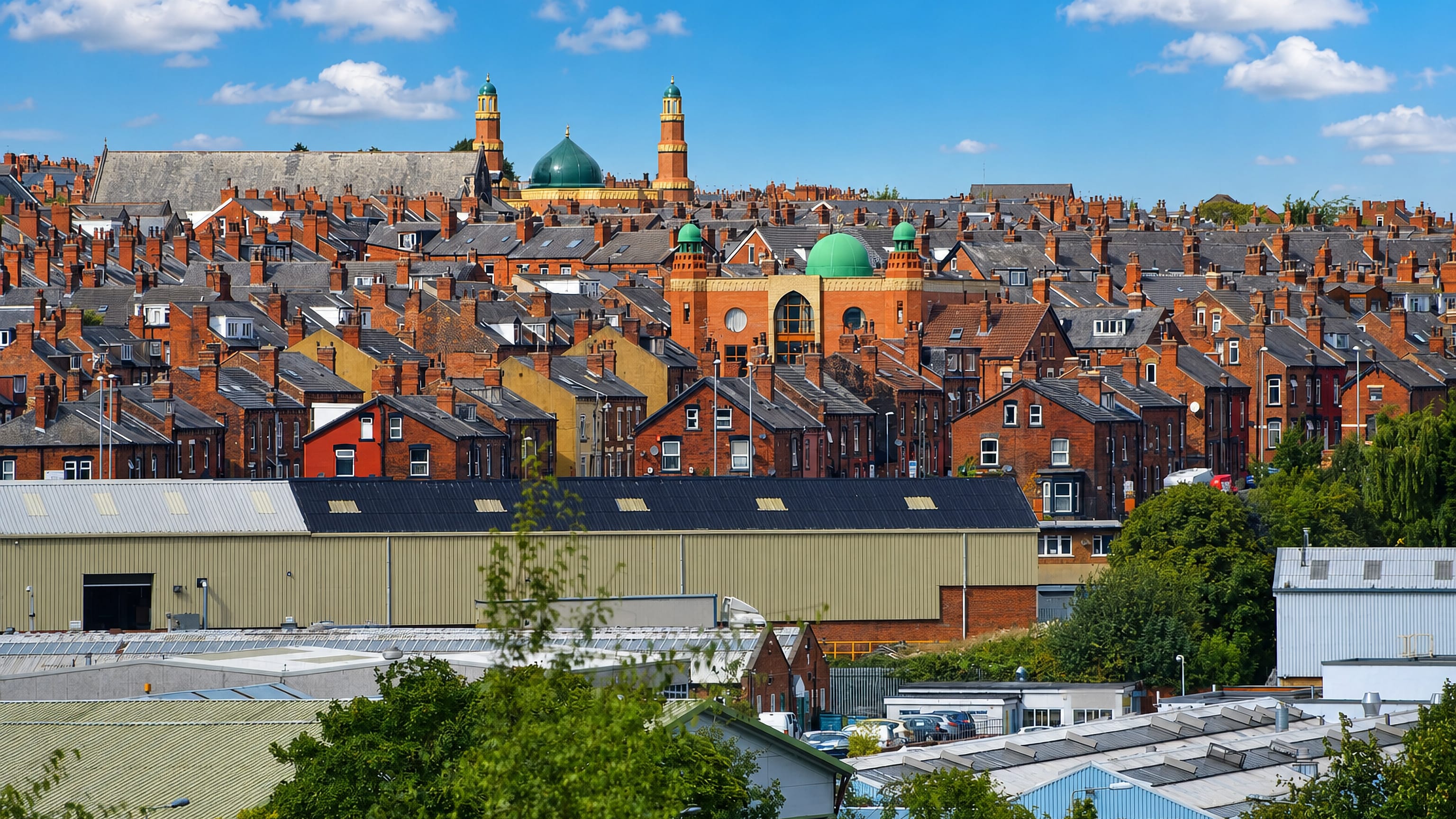 Rows of red-brick terraced houses and a green-domed mosque across Beeston in south Leeds