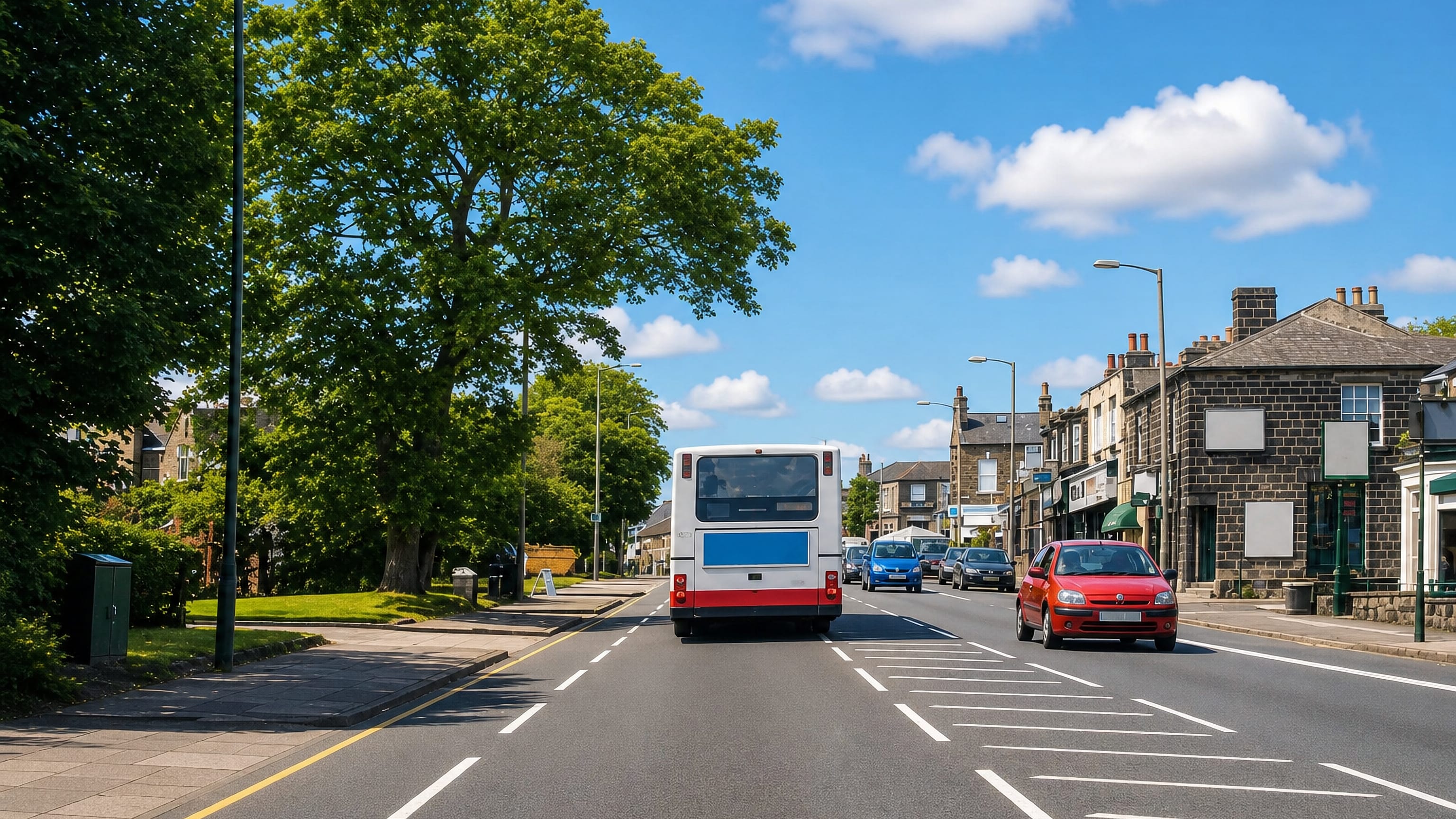 Bus and traffic on the gritstone-lined main road through Far Headingley, Leeds, under a summer sky.