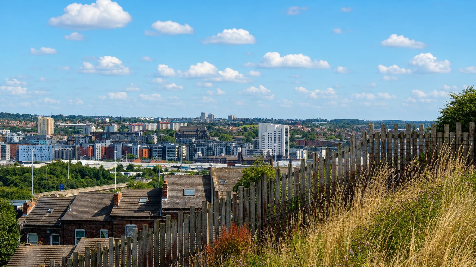 Leeds skyline of apartment towers and brick terraces seen across rooftops from a grassy hillside