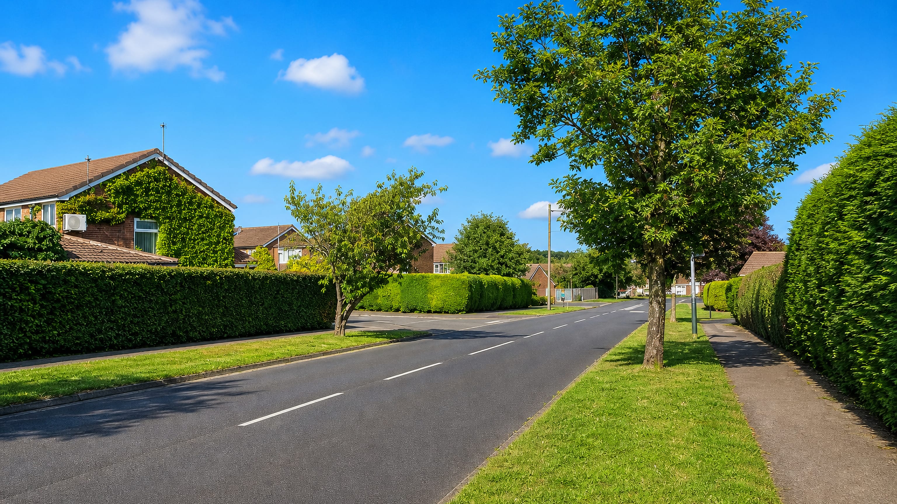 Tree-lined residential road with clipped hedges and brick bungalows in Holt Park, Leeds.