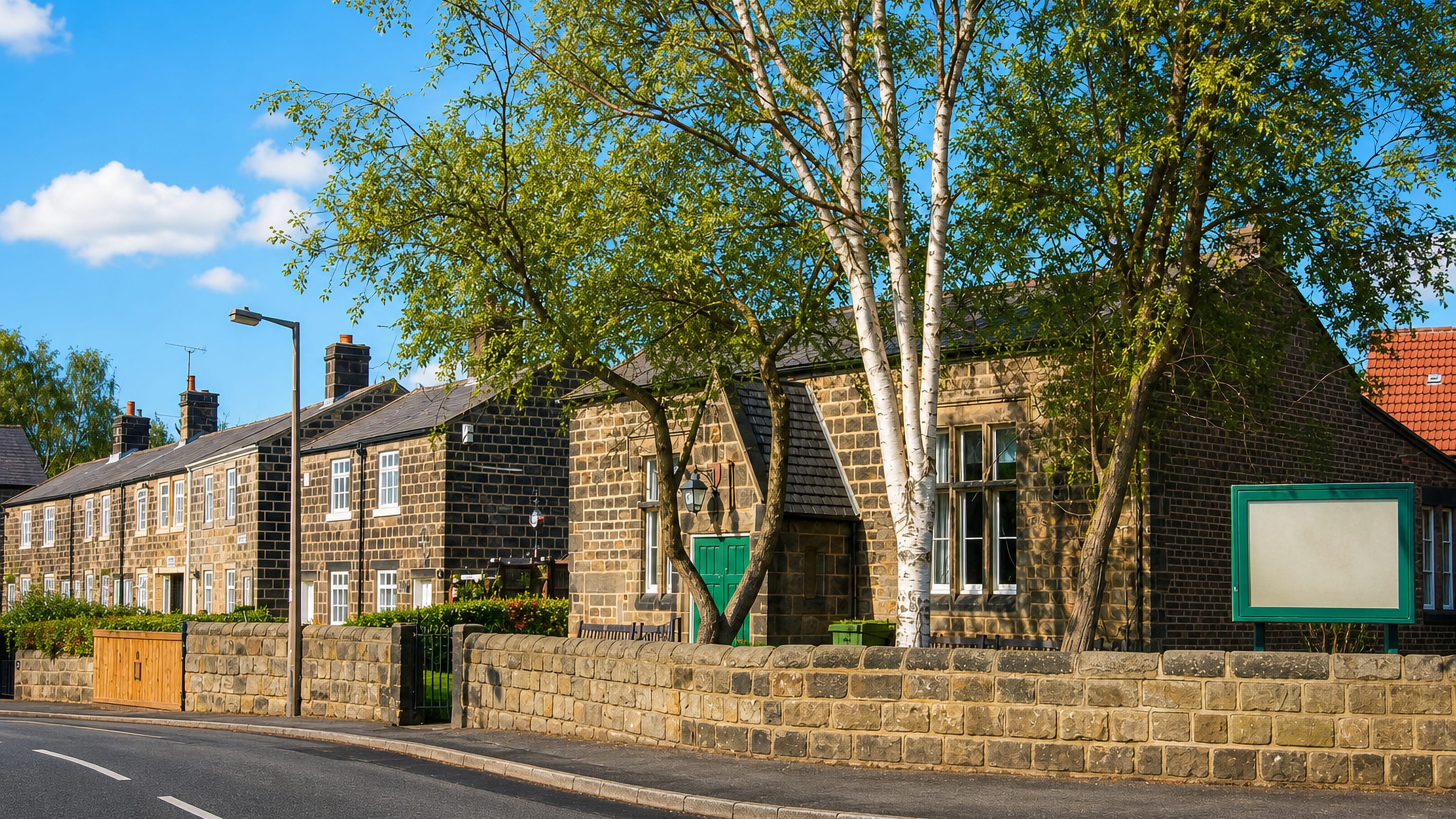 Yorkshire stone terraces and a gritstone boundary wall along a tree-lined road in Meanwood, Leeds