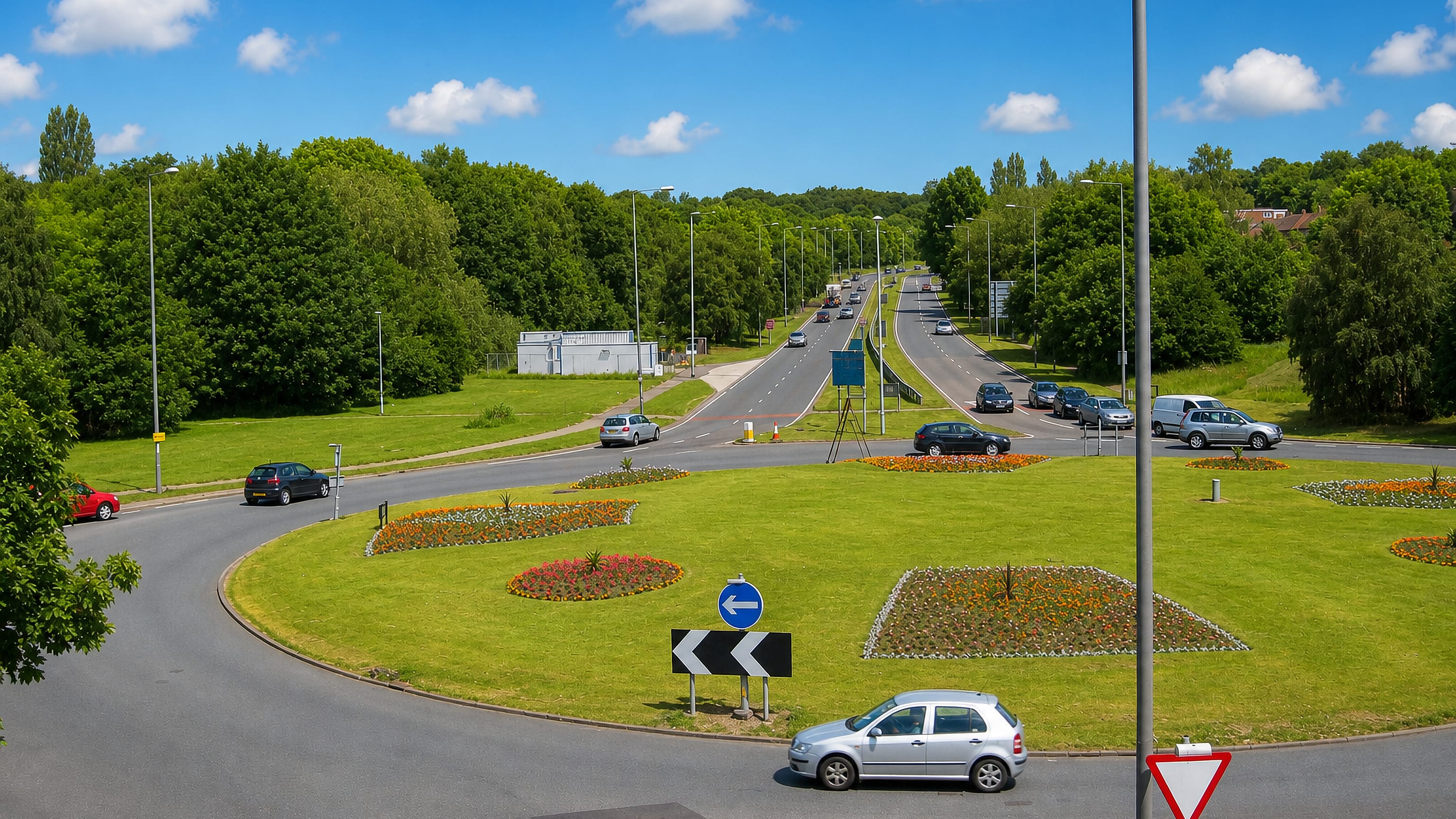 Landscaped roundabout with flower beds and a tree-lined dual carriageway at Moor Allerton in north Leeds.