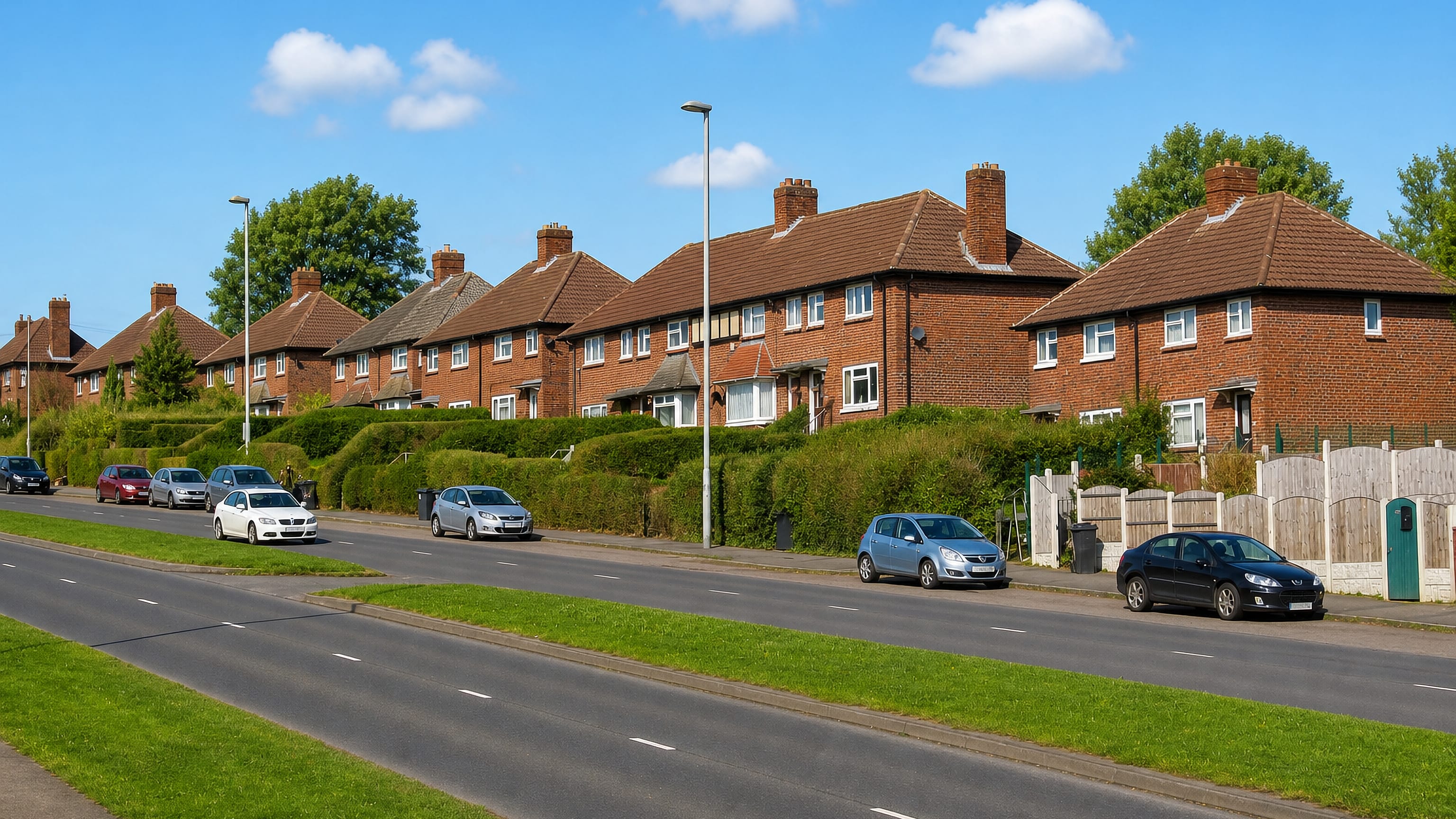 Interwar red-brick semi-detached houses lining the wide dual carriageway of Scott Hall Road in Leeds