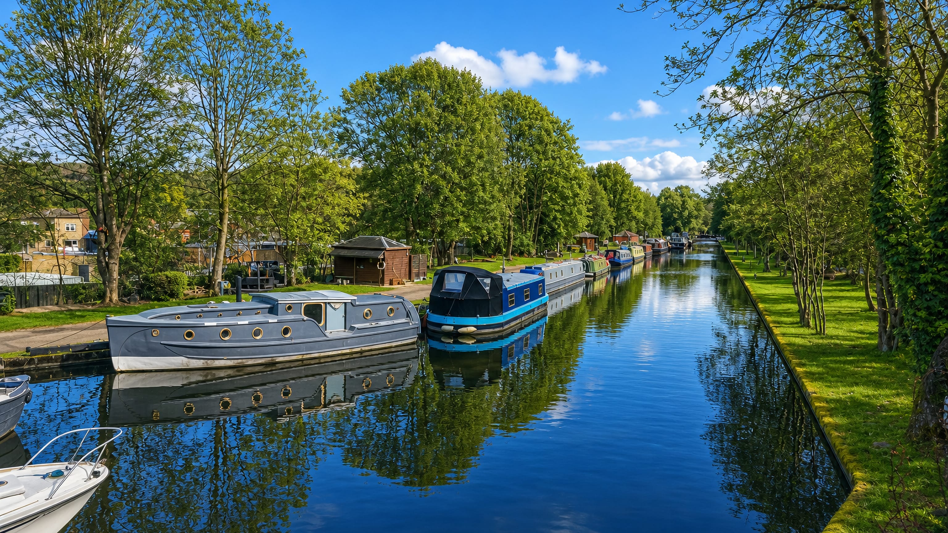 Narrowboats moored on the tree-lined canal at Upper Armley in Leeds, with still water and green banks.