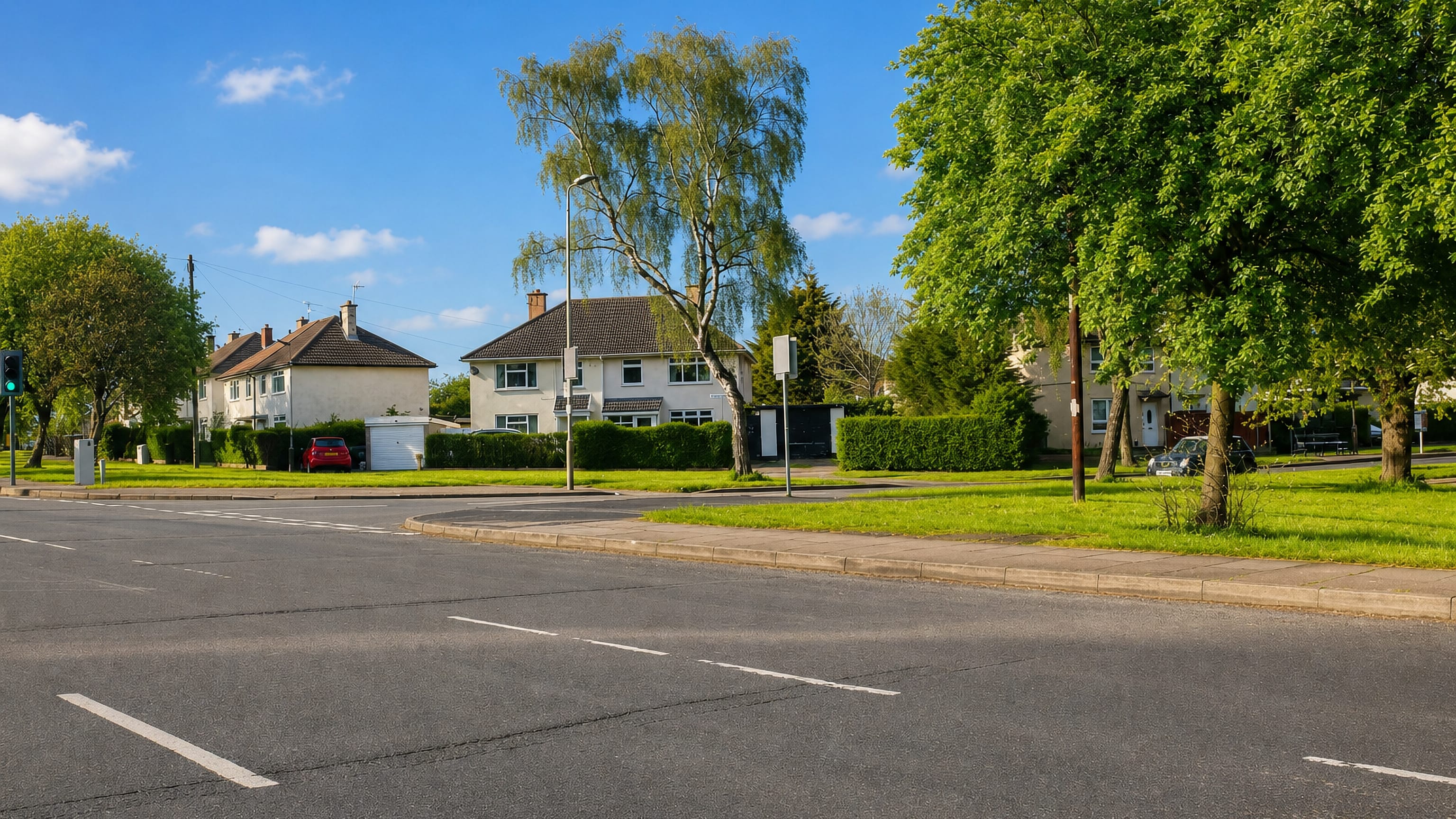 Semi-detached houses and grass verges along a wide estate road in Beaumont Leys, Leicester.