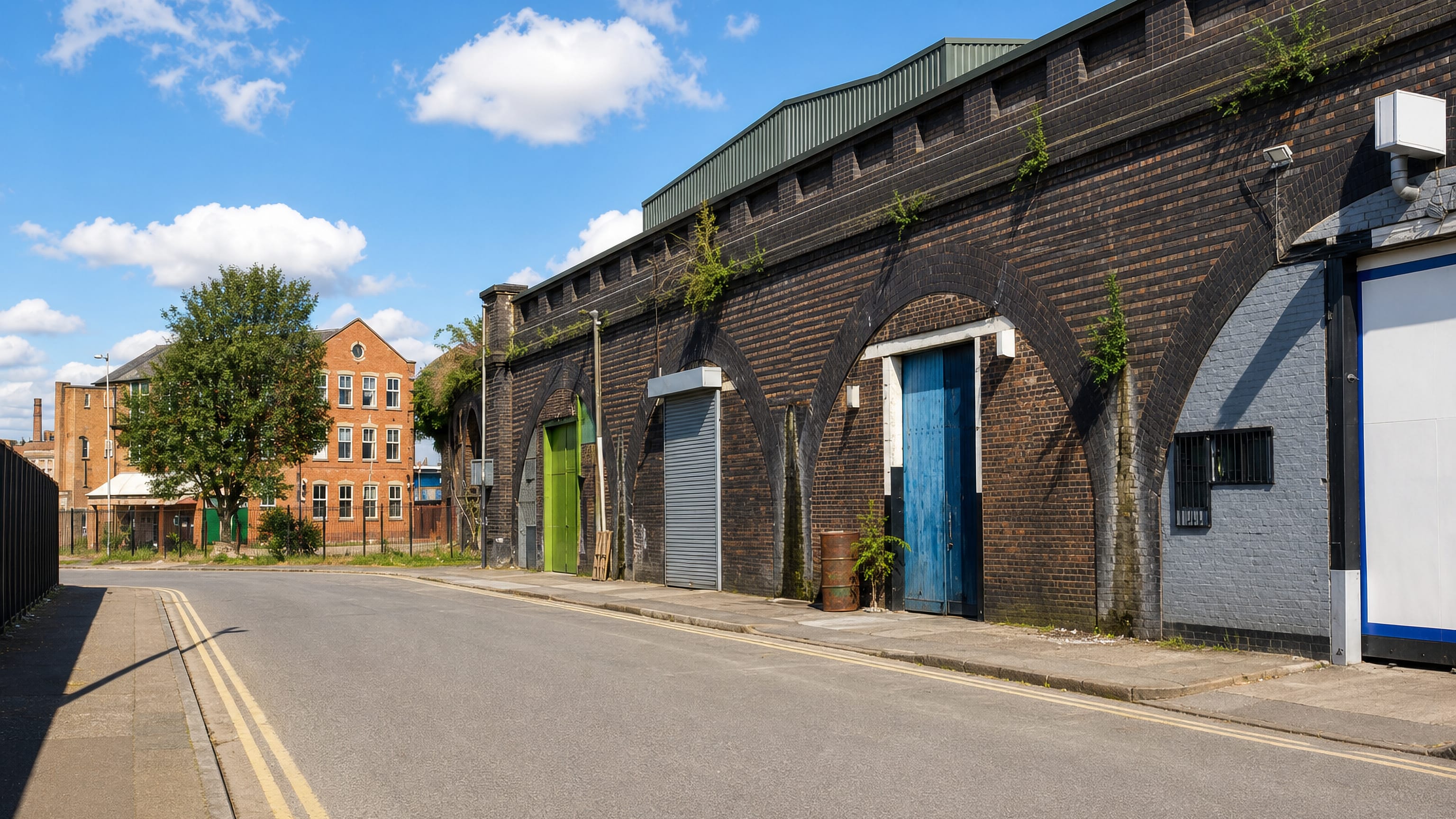 Victorian brick railway viaduct arches with workshop doors on a quiet street in Black Friars, Leicester.