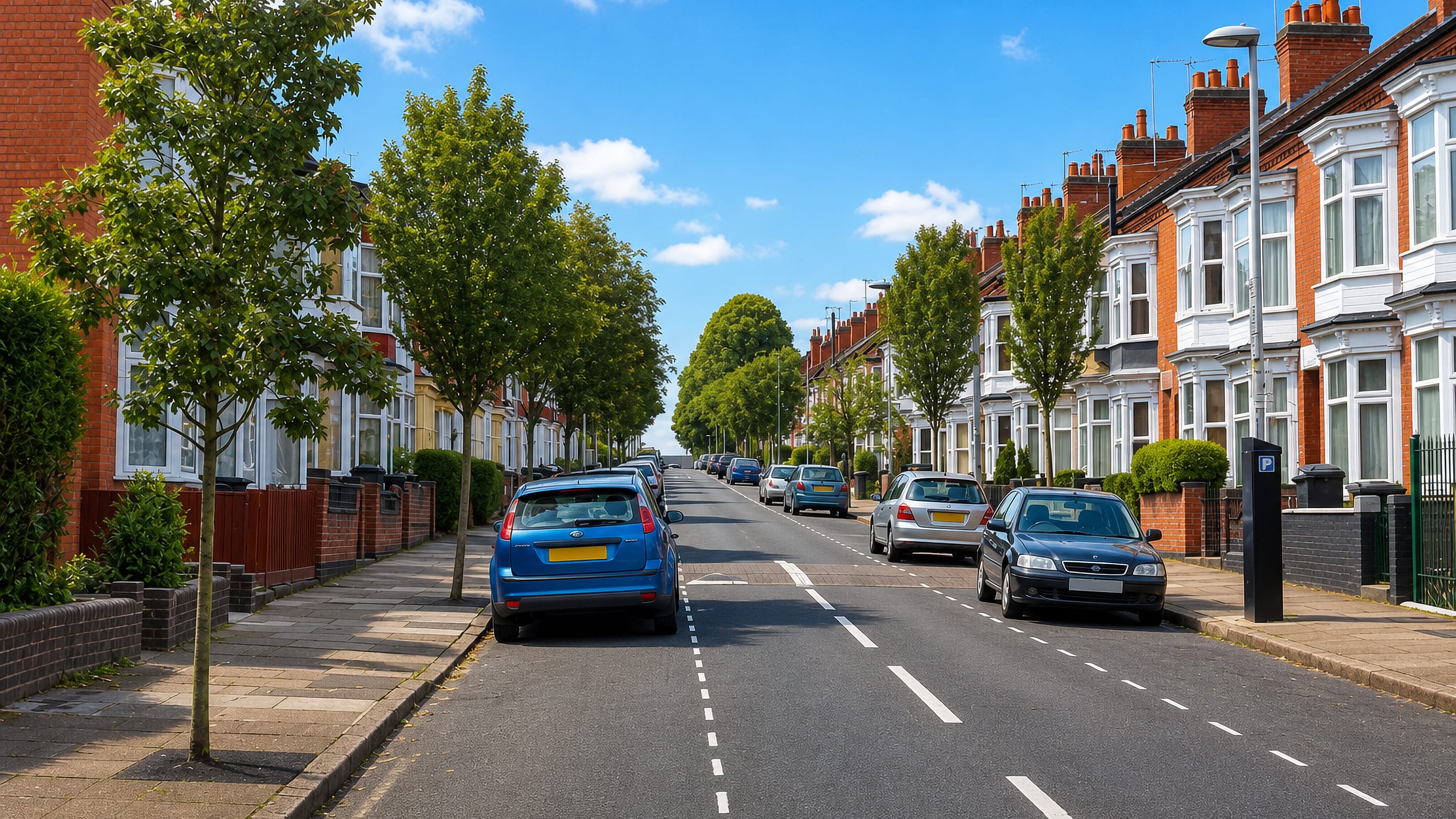 Red-brick Victorian terraces with bay windows along a tree-lined street in Westcotes, Leicester.