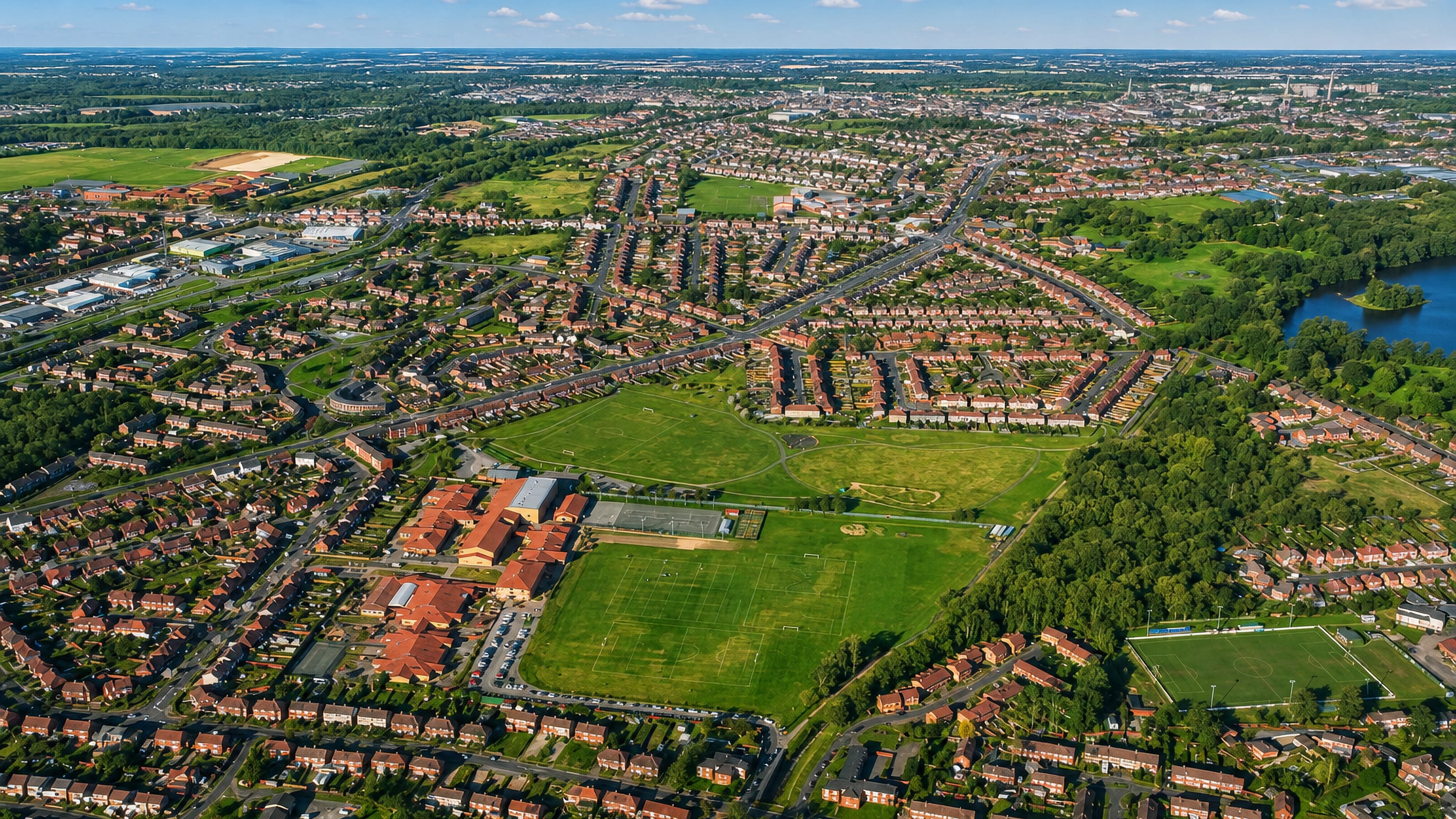 Aerial view of the suburban housing estates and playing fields of Boultham Moor in Lincoln, England.