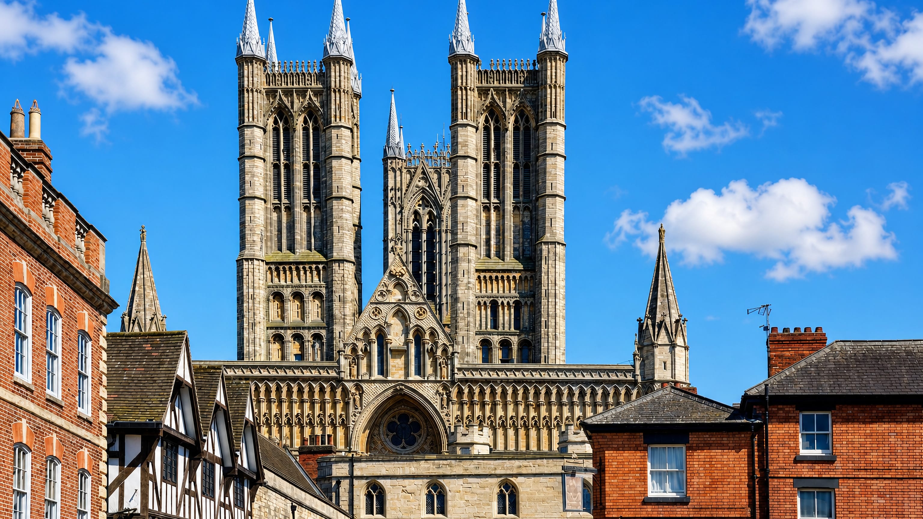 Lincoln Cathedral's twin west towers rising above red-brick and half-timbered rooftops in Lincoln, England.