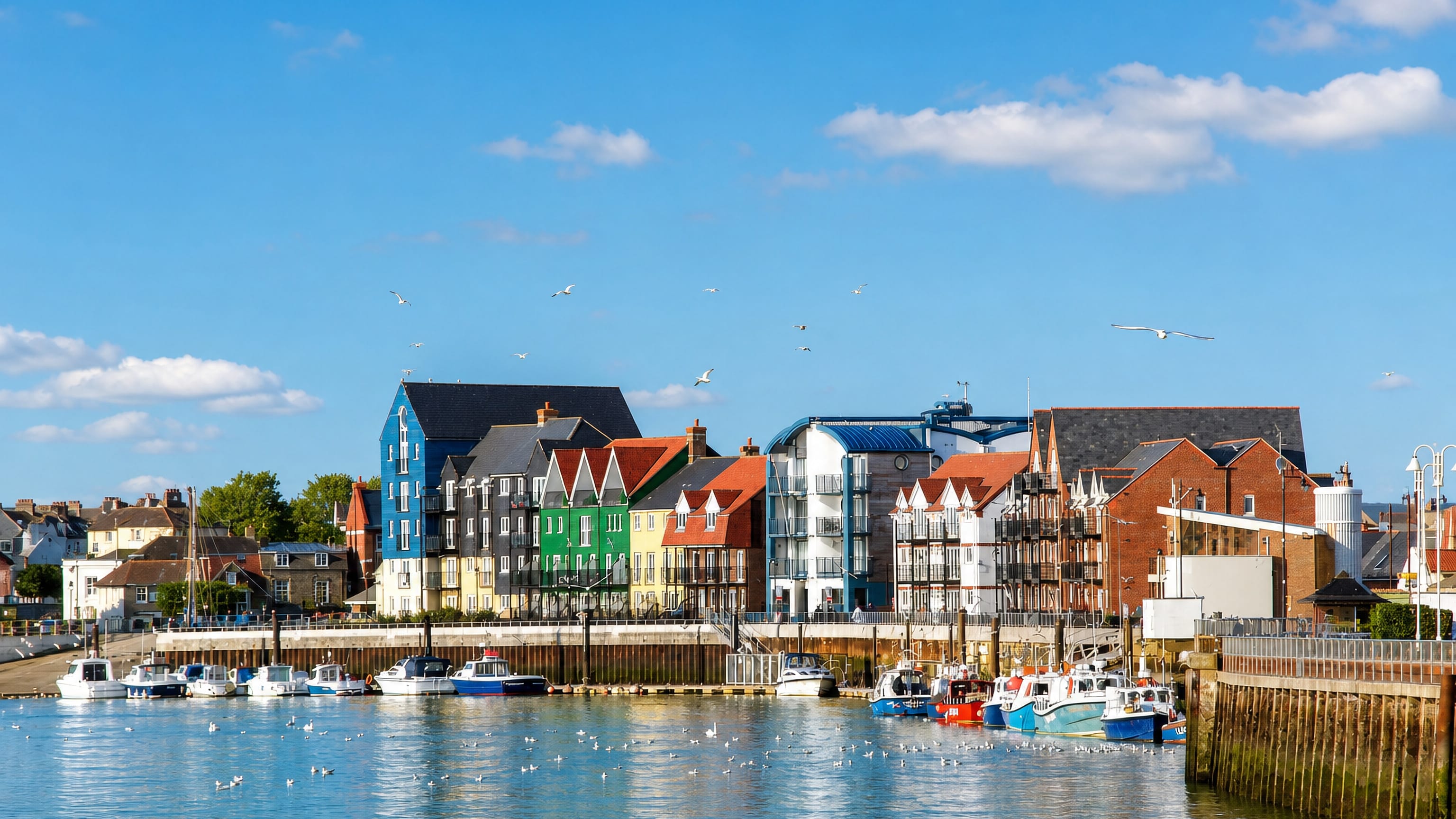 Littlehampton's River Arun quayside, with colourful waterfront houses, moored fishing boats and gulls overhead.