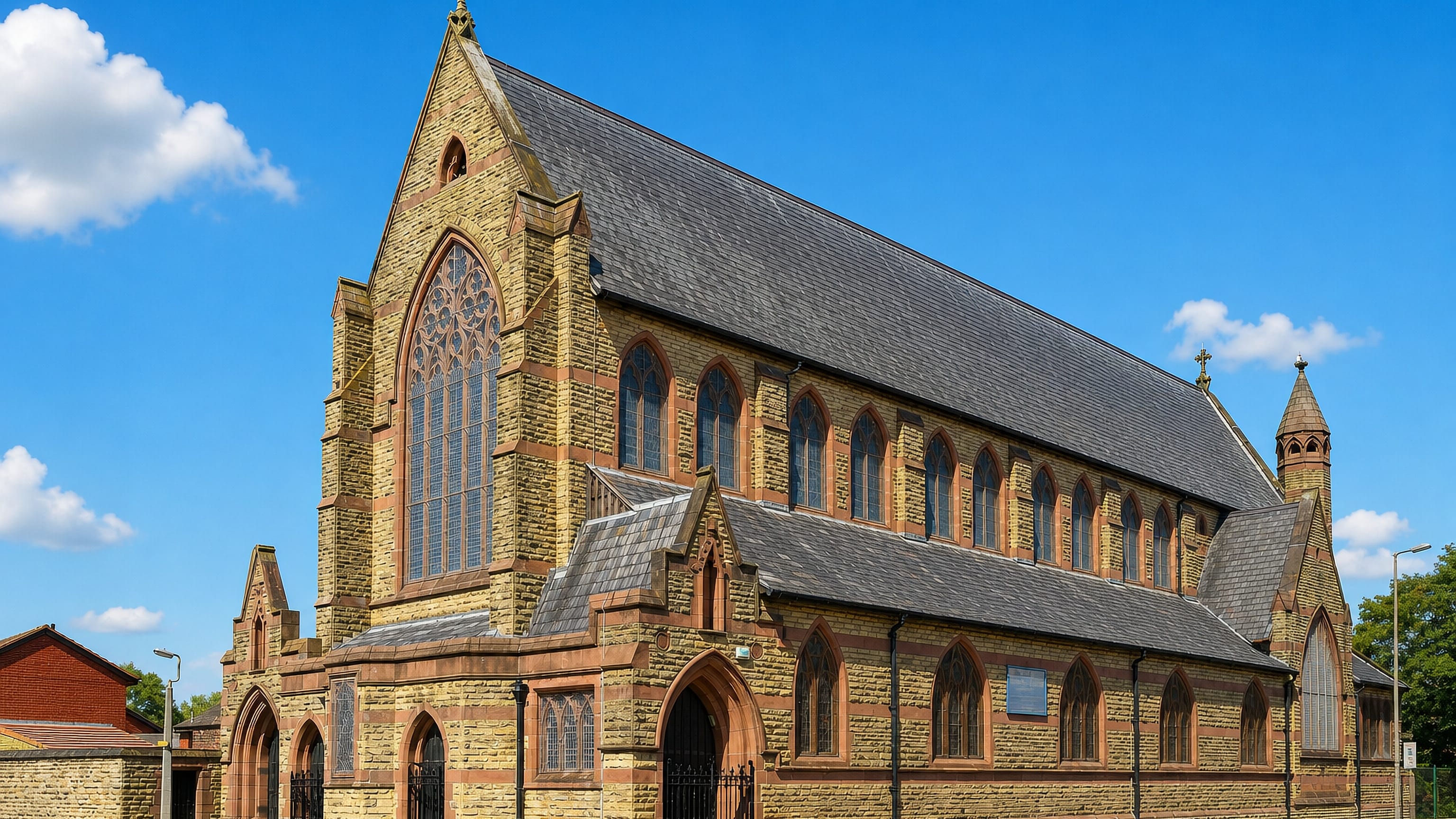 Victorian sandstone Gothic church on a street corner in Kirkdale, north Liverpool