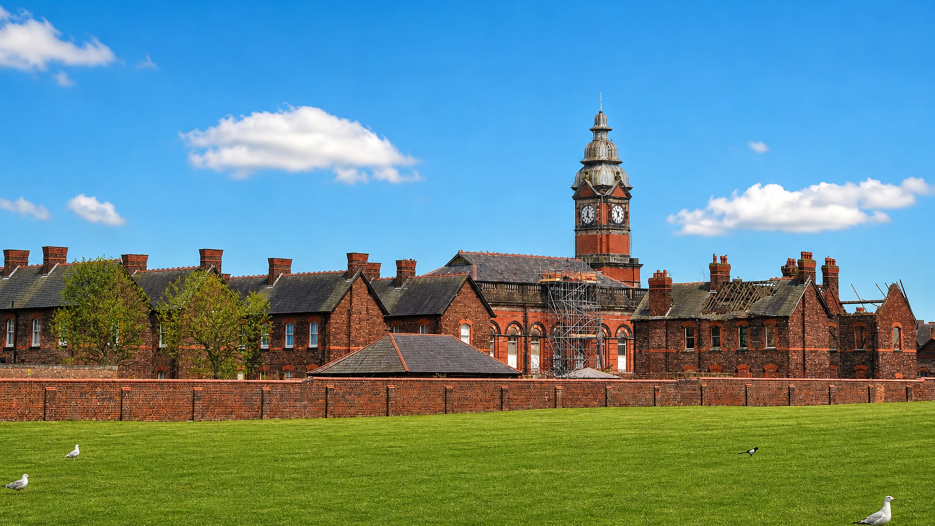 Victorian red-brick institution with a clock tower behind a boundary wall at New Hall, Fazakerley, Liverpool.