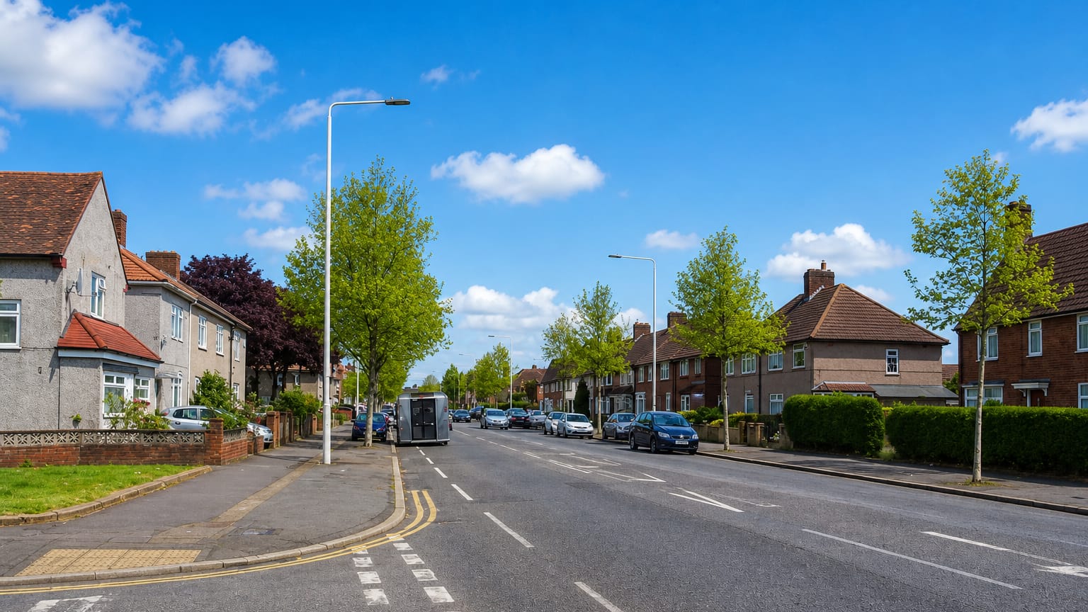 Tree-lined residential street of interwar semi-detached houses on the Becontree estate, London.