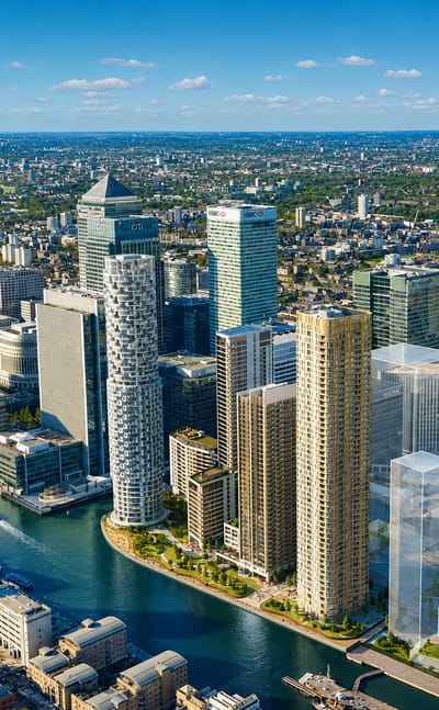 Aerial view of Canary Wharf's towers and docks beside the Thames at Blackwall, east London