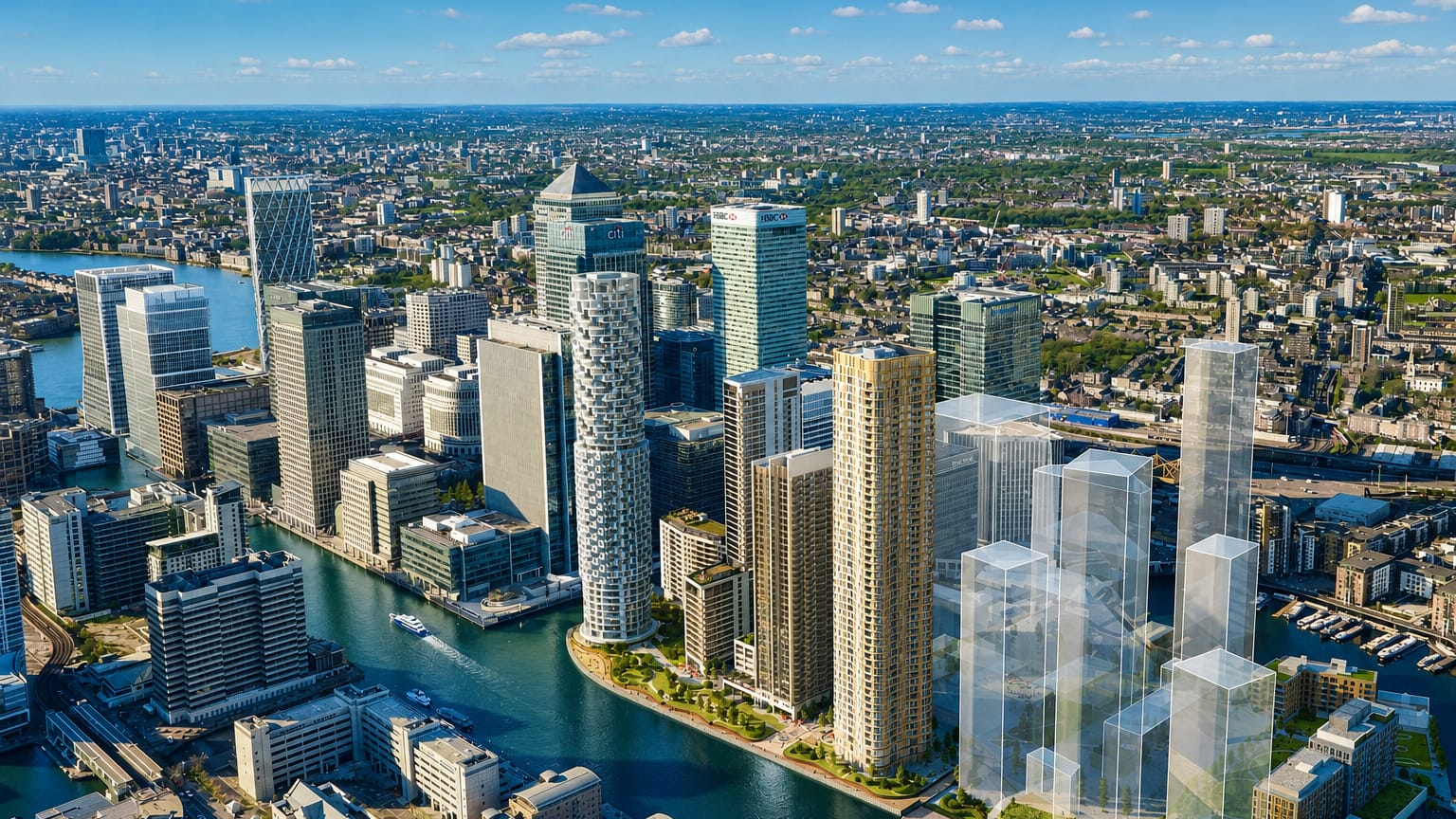 Aerial view of Canary Wharf's towers and docks beside the Thames at Blackwall, east London