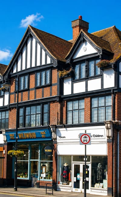 Mock-Tudor shops and a red double-decker bus in Cheam village, south London