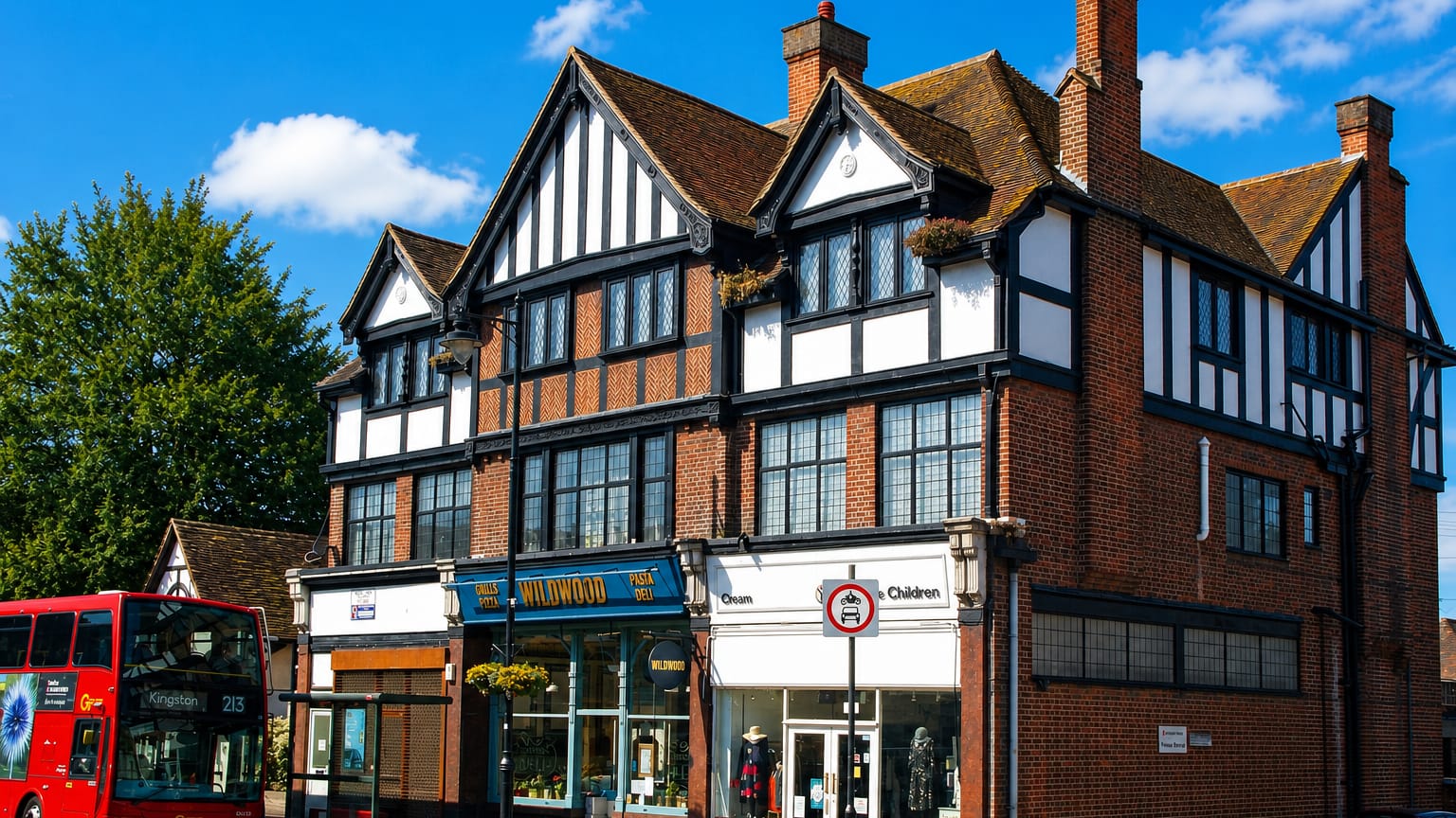 Mock-Tudor shops and a red double-decker bus in Cheam village, south London