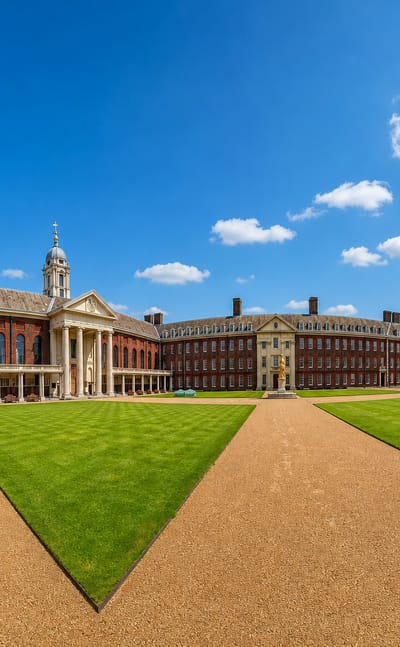 The red-brick ranges and lawns of the Royal Hospital Chelsea courtyard in Chelsea, London