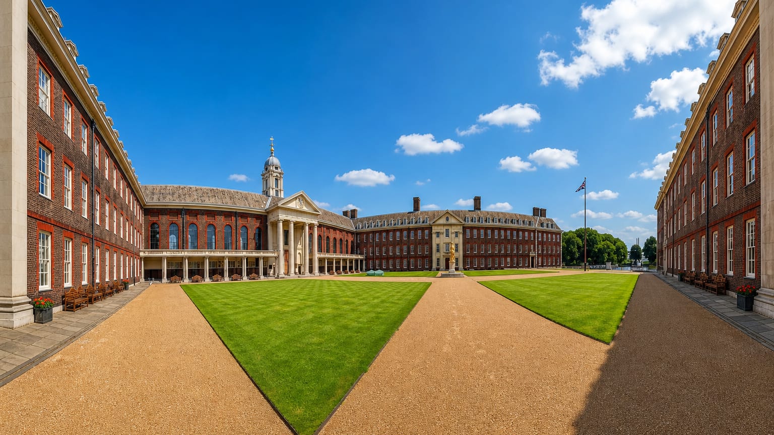 The red-brick ranges and lawns of the Royal Hospital Chelsea courtyard in Chelsea, London