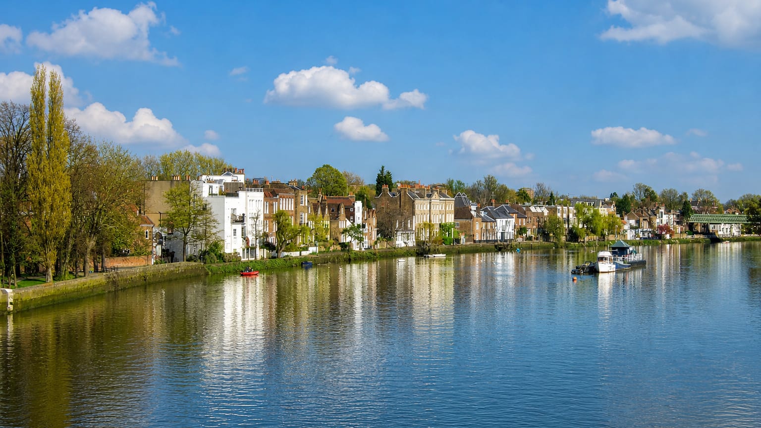 Thames-side terraced houses reflected in the river at Chiswick, west London
