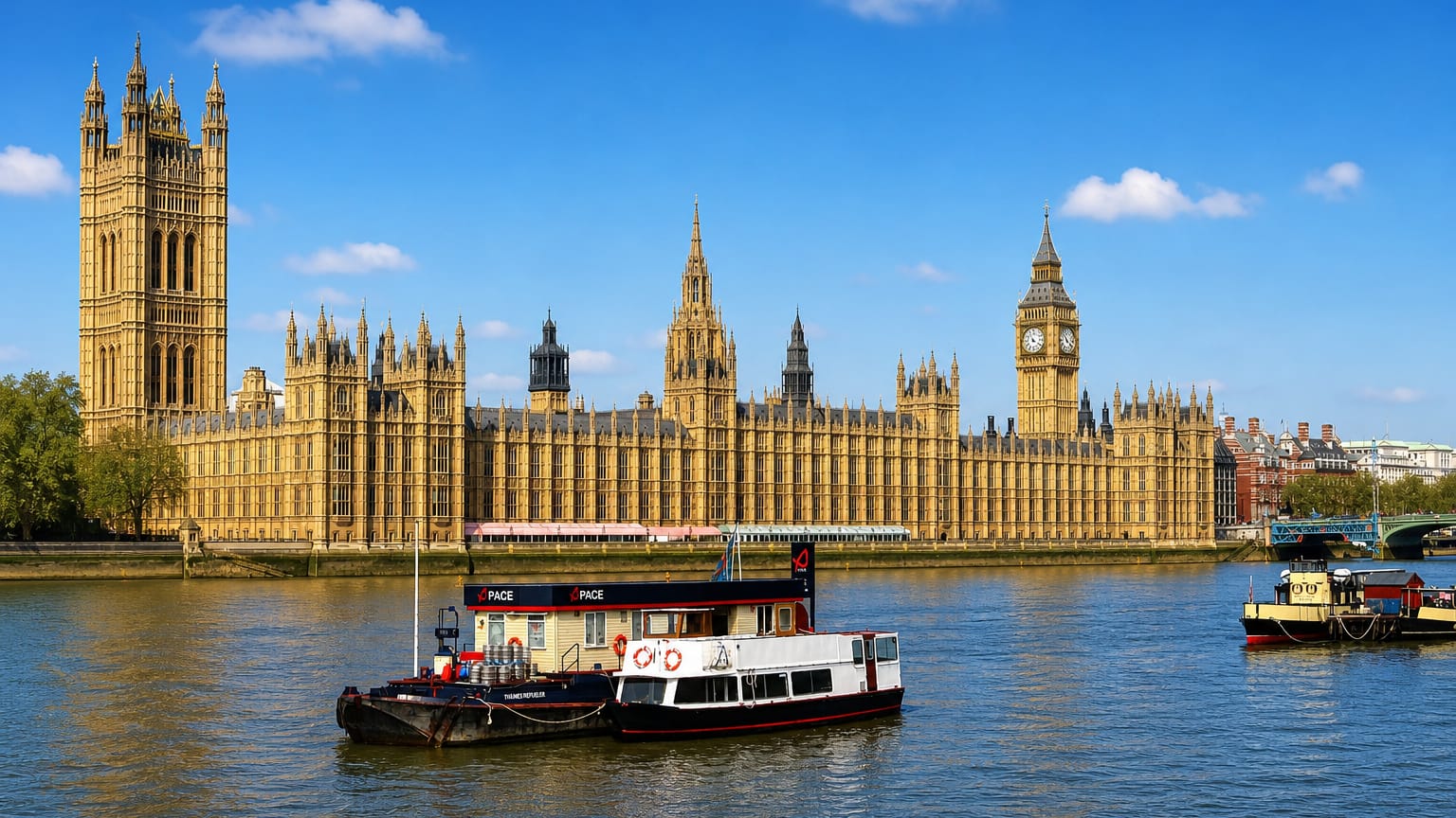 The Palace of Westminster and Elizabeth Tower rise beside the River Thames in the City of Westminster.