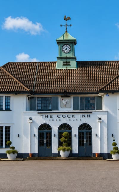 The Cock Inn, a white free-house pub with a green clock turret, in Cockfosters, north London