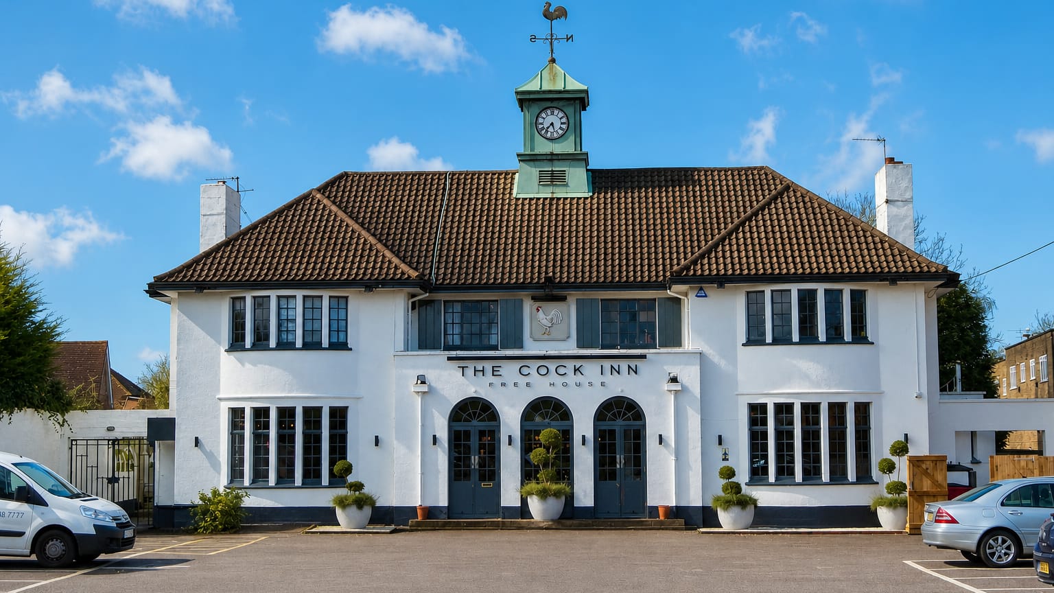 The Cock Inn, a white free-house pub with a green clock turret, in Cockfosters, north London