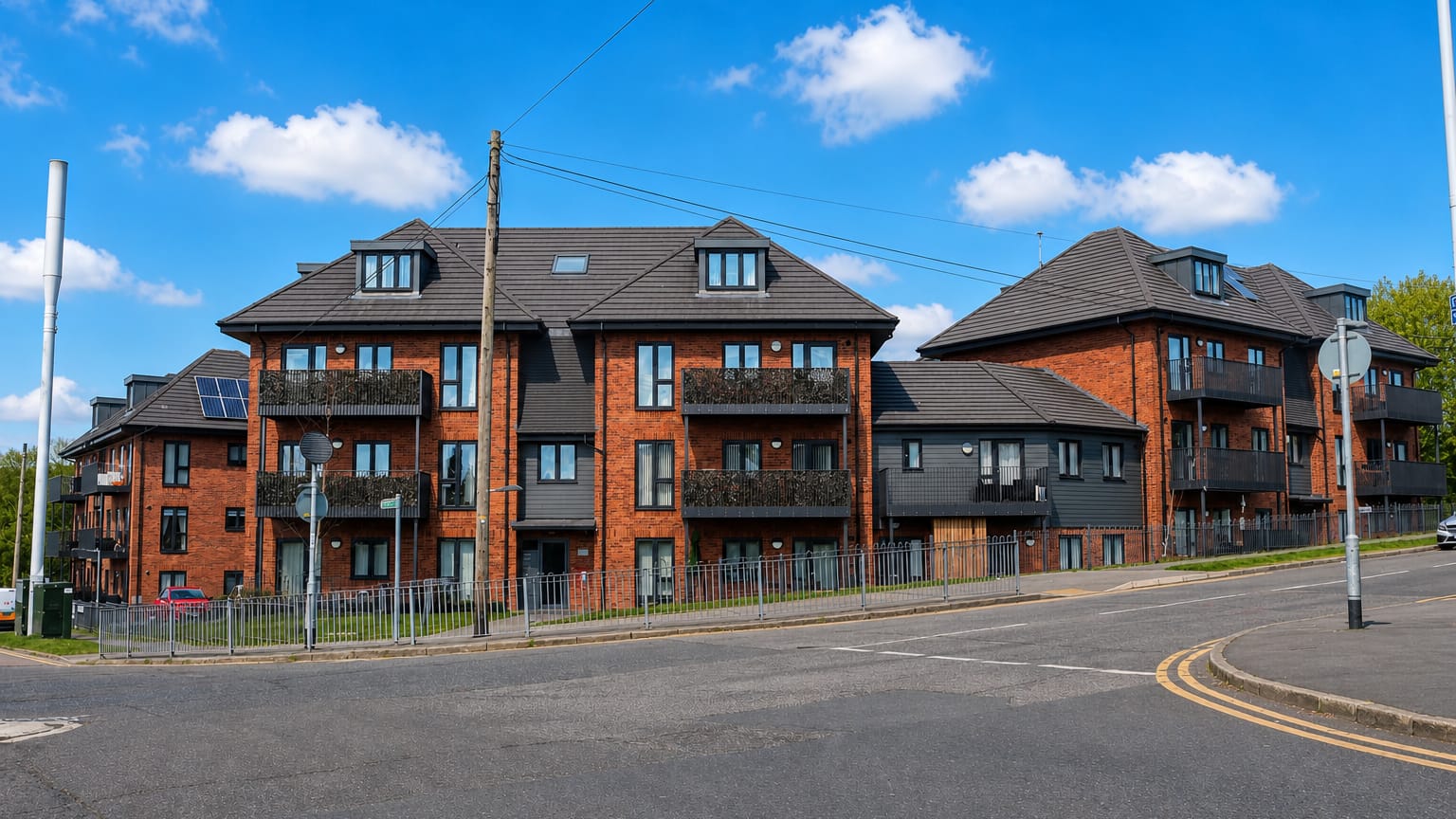Modern red-brick apartment blocks at a road junction in Collier Row, London under a bright blue sky