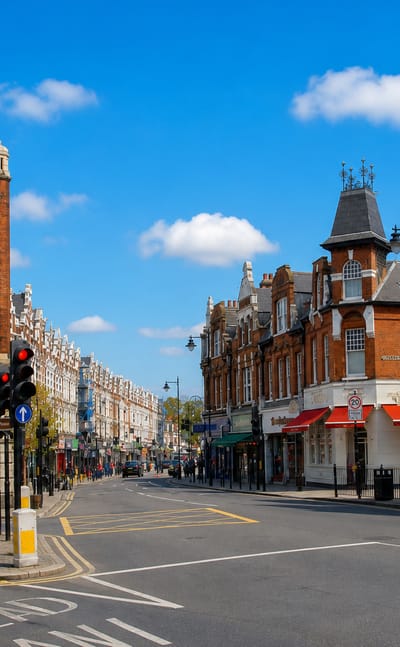Crouch End Broadway in London with its Victorian clock tower and red-brick corner shops under a blue sky