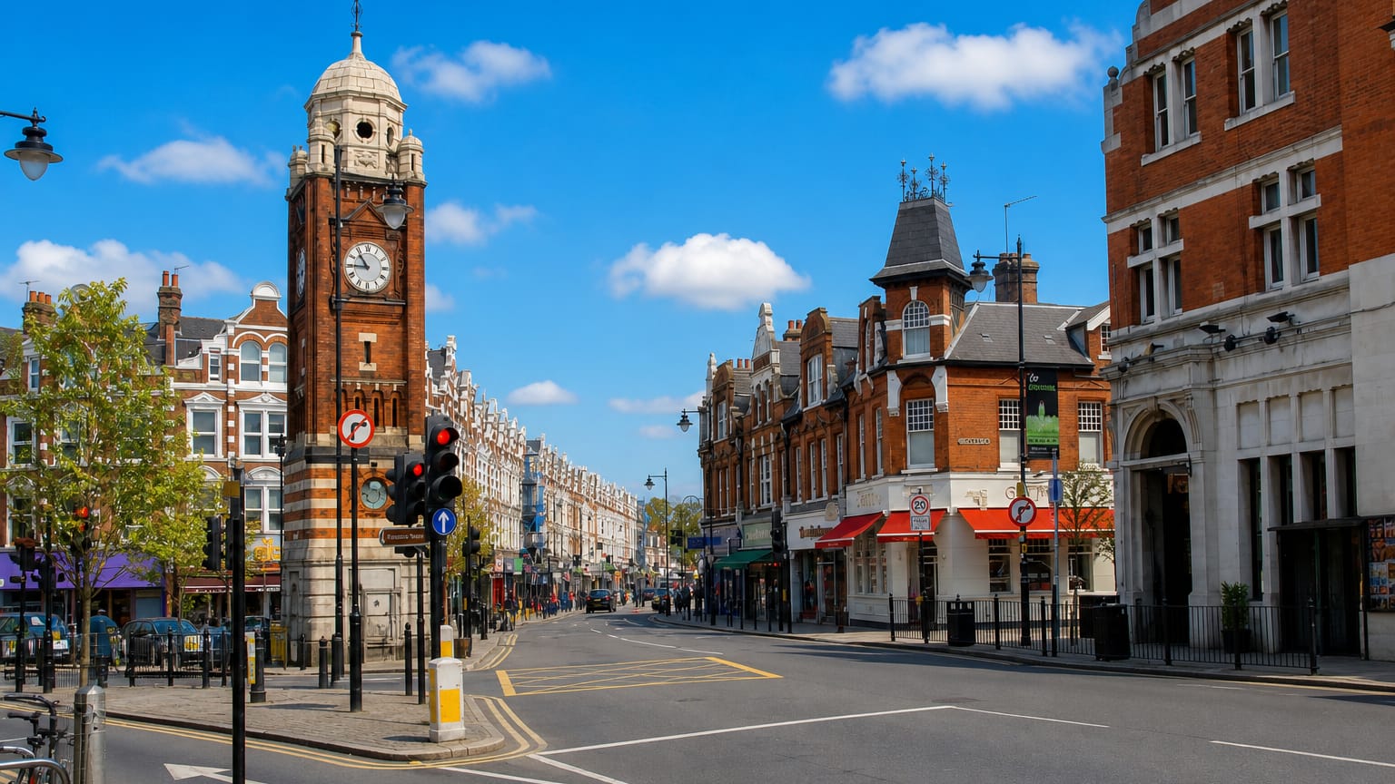 Crouch End Broadway in London with its Victorian clock tower and red-brick corner shops under a blue sky