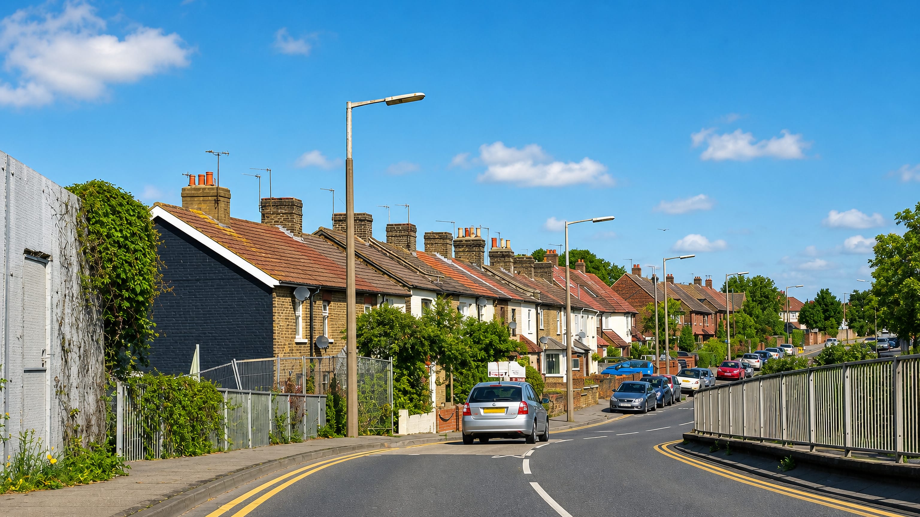 Terraced houses with chimney stacks along a quiet residential road in Elm Park, east London