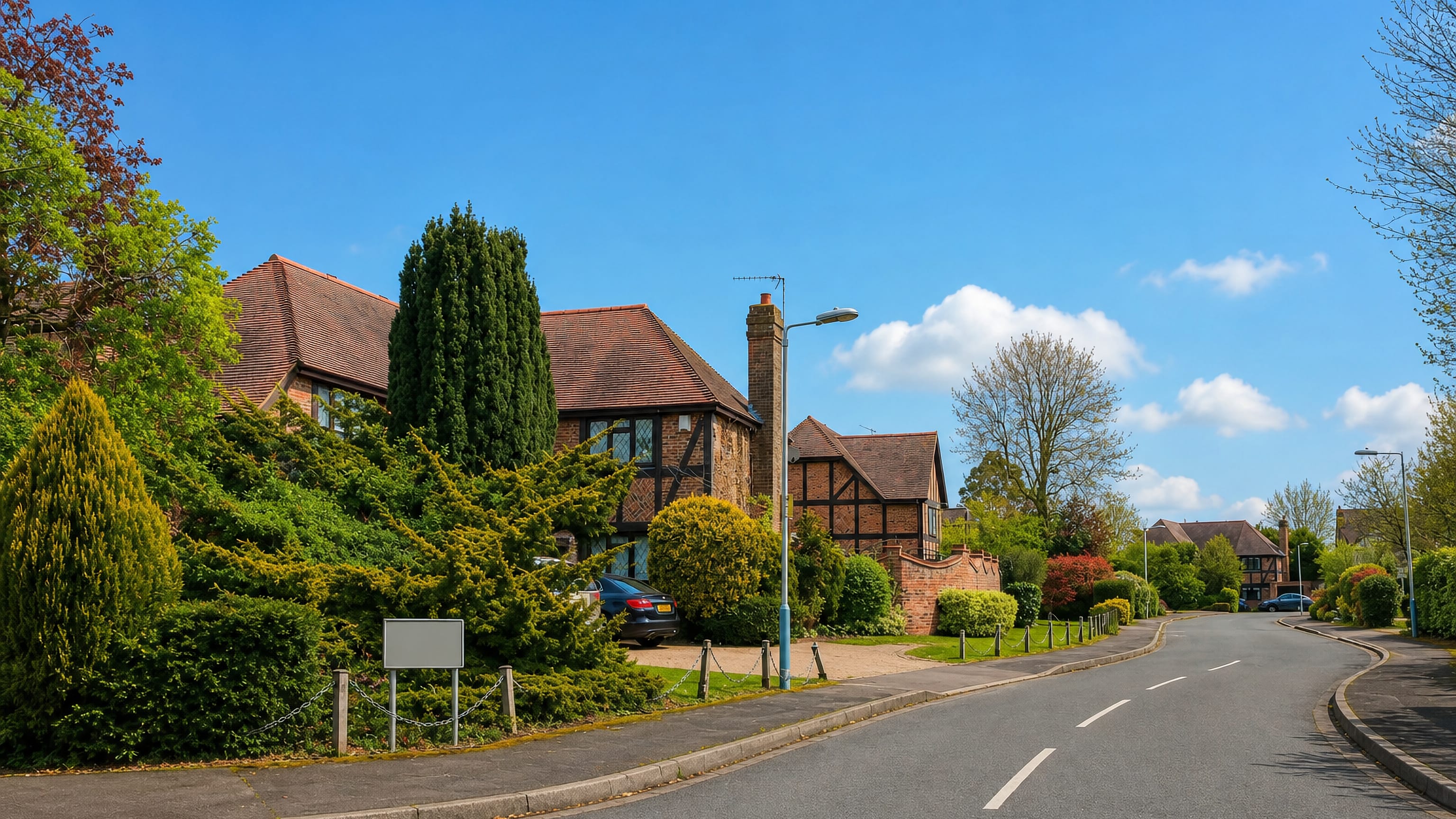 Leafy street of mock-Tudor detached houses in Emerson Park, Hornchurch, east London.