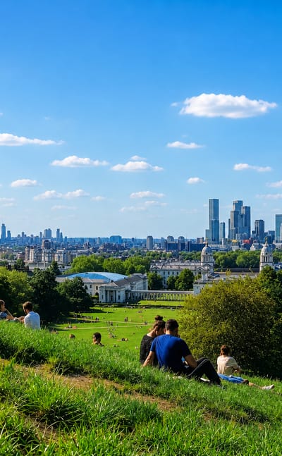 Greenwich Park hilltop view over the Old Royal Naval College to the Canary Wharf and City of London skyline