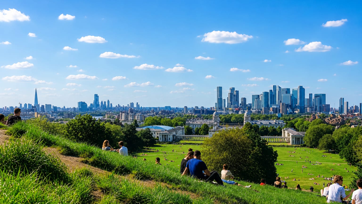 Greenwich Park hilltop view over the Old Royal Naval College to the Canary Wharf and City of London skyline