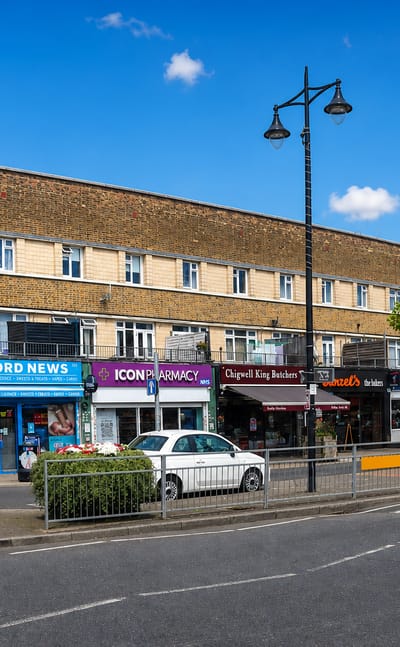 A parade of local shops including a newsagent and pharmacy along Manford Way in Hainault, London