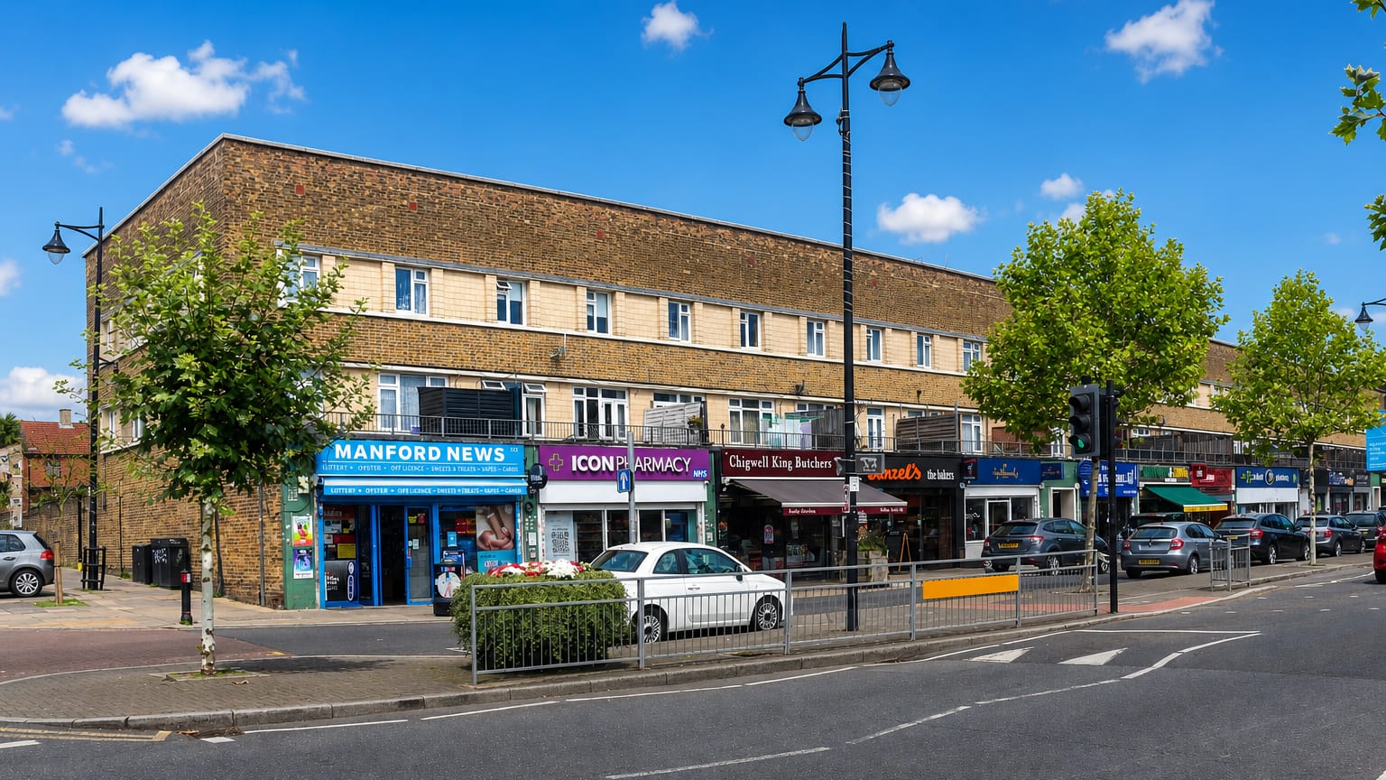 A parade of local shops including a newsagent and pharmacy along Manford Way in Hainault, London