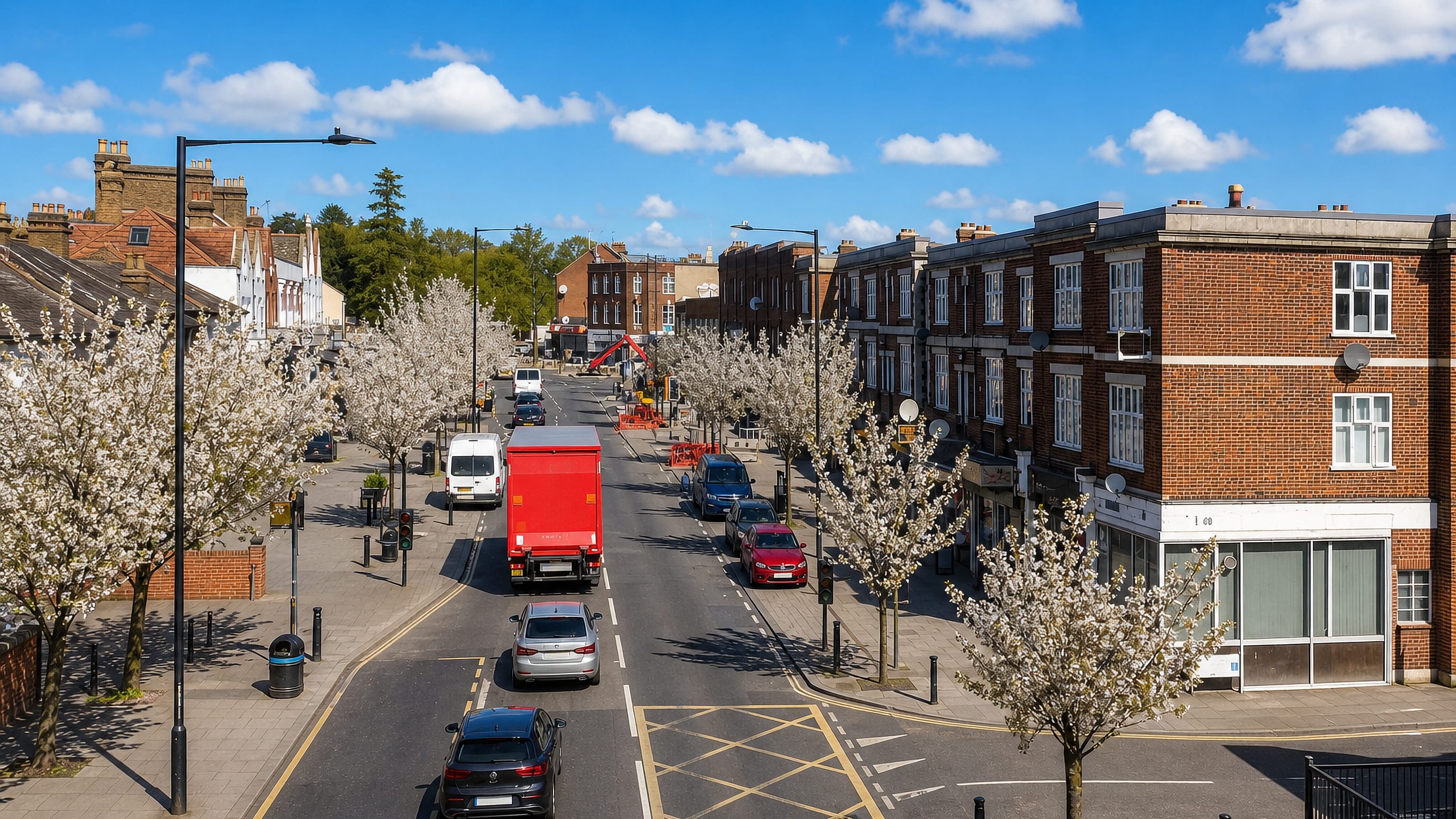 Blossom trees line Harrow Road, London, past red-brick shop parades and traffic on a spring day.