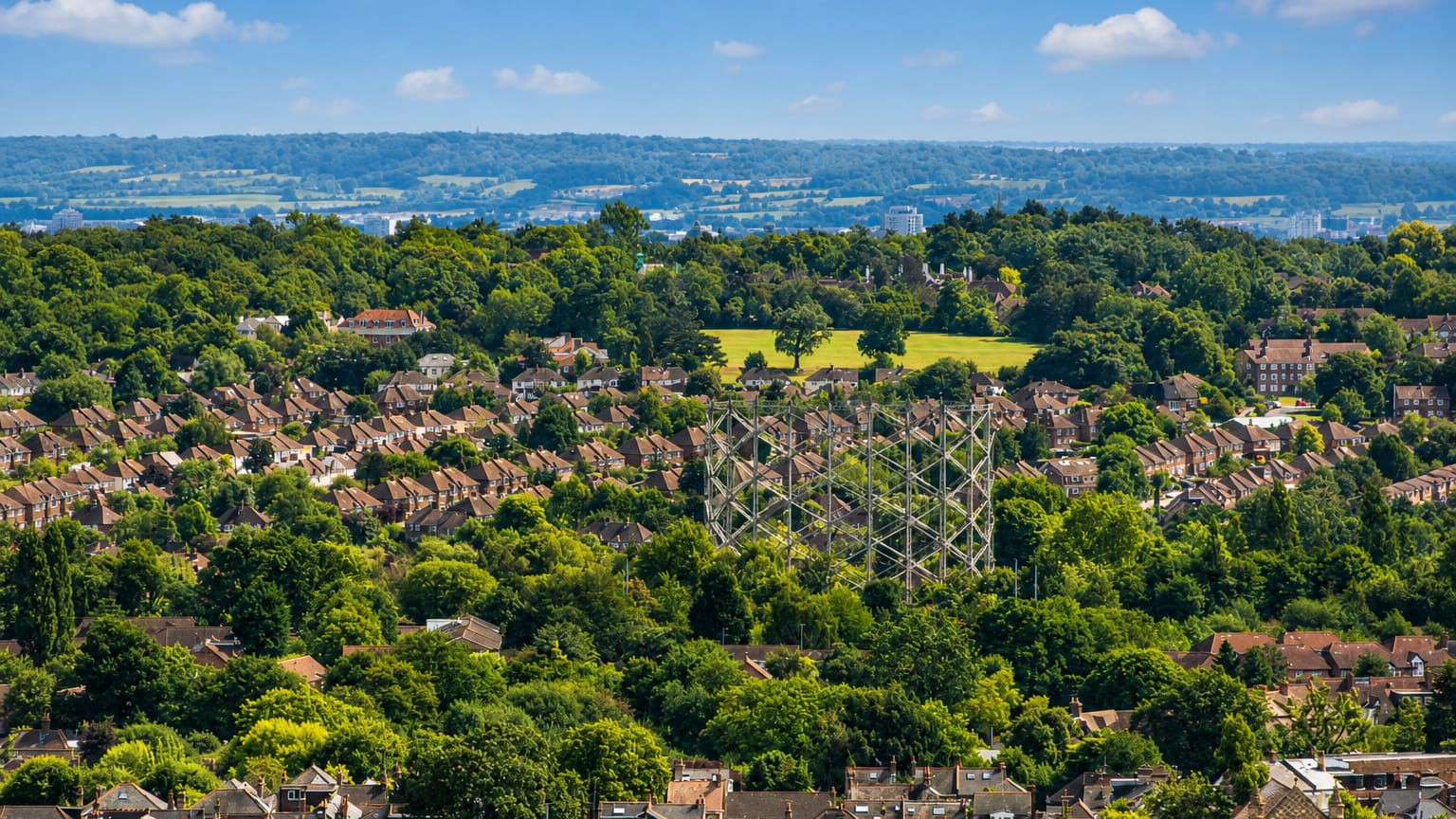 Elevated view over leafy suburban rooftops toward distant wooded hills at High Barnet, North London.