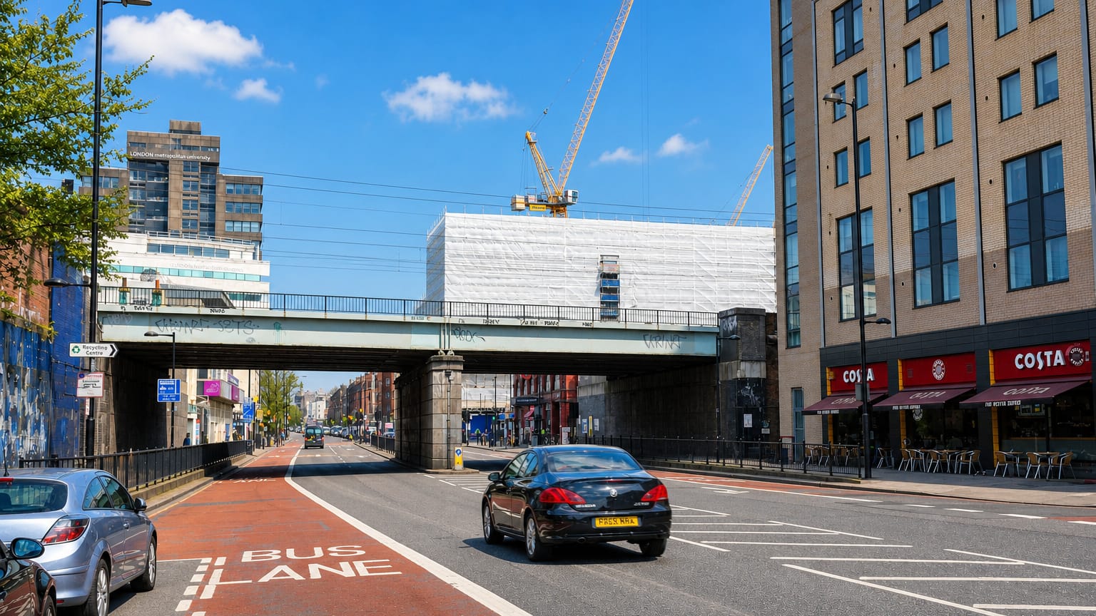 Traffic passing under a railway bridge on a red bus-lane road past a Costa cafe in Holloway, London.