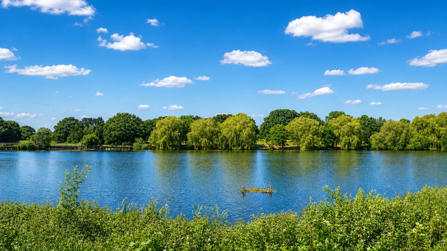 A calm willow-fringed lake with reed banks and open grass under a blue summer sky near Hornchurch, London