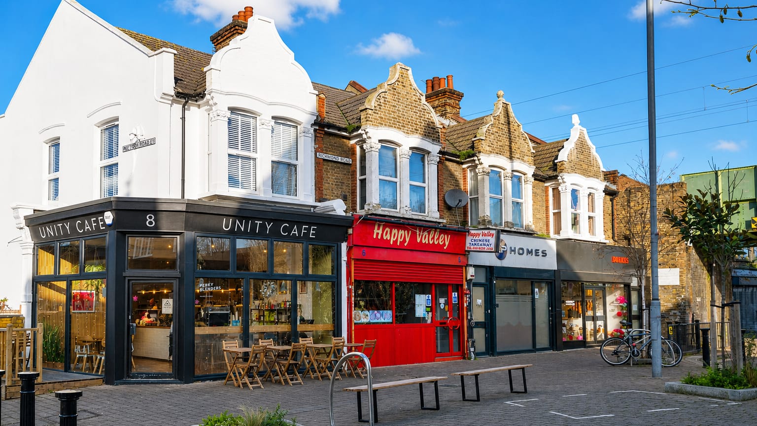 Victorian parade of shops with a cafe and Chinese takeaway on a sunny Leytonstone high street, London.