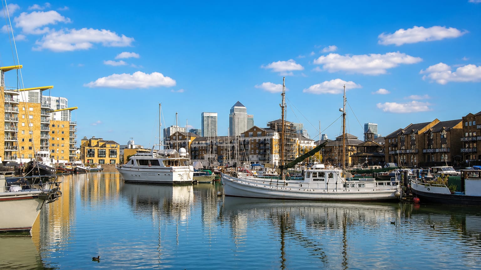 Boats moored in Limehouse Basin with the towers of Canary Wharf rising behind.