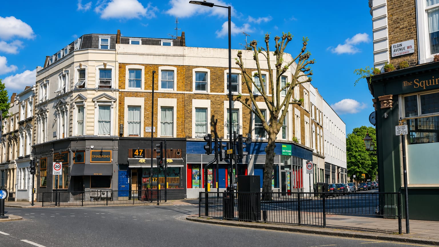 A quiet Maida Hill street corner in London with a pub and parade of shops beside the Elgin Avenue W9 sign
