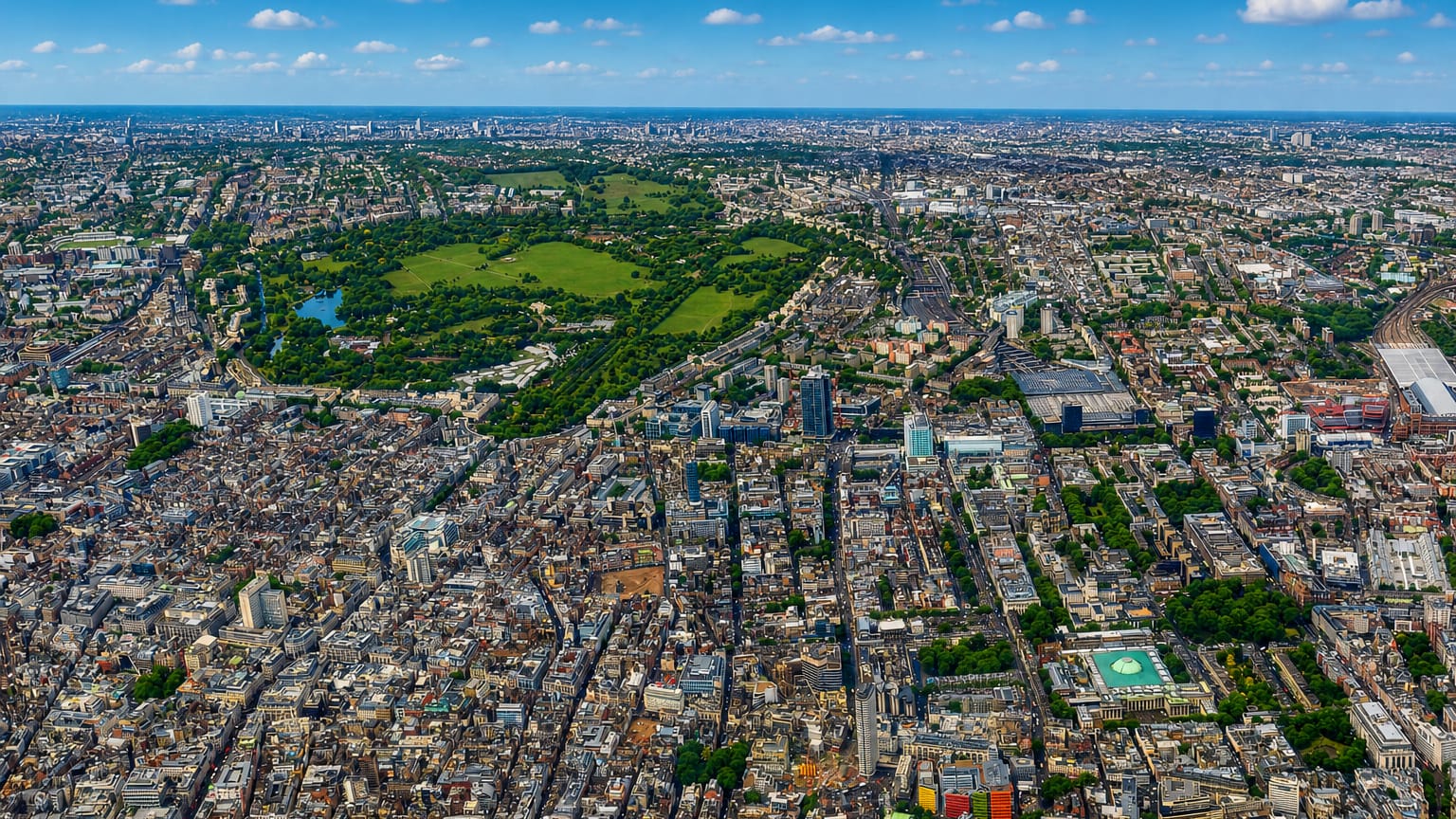 Aerial view over dense central London rooftops with a large green park near Marylebone