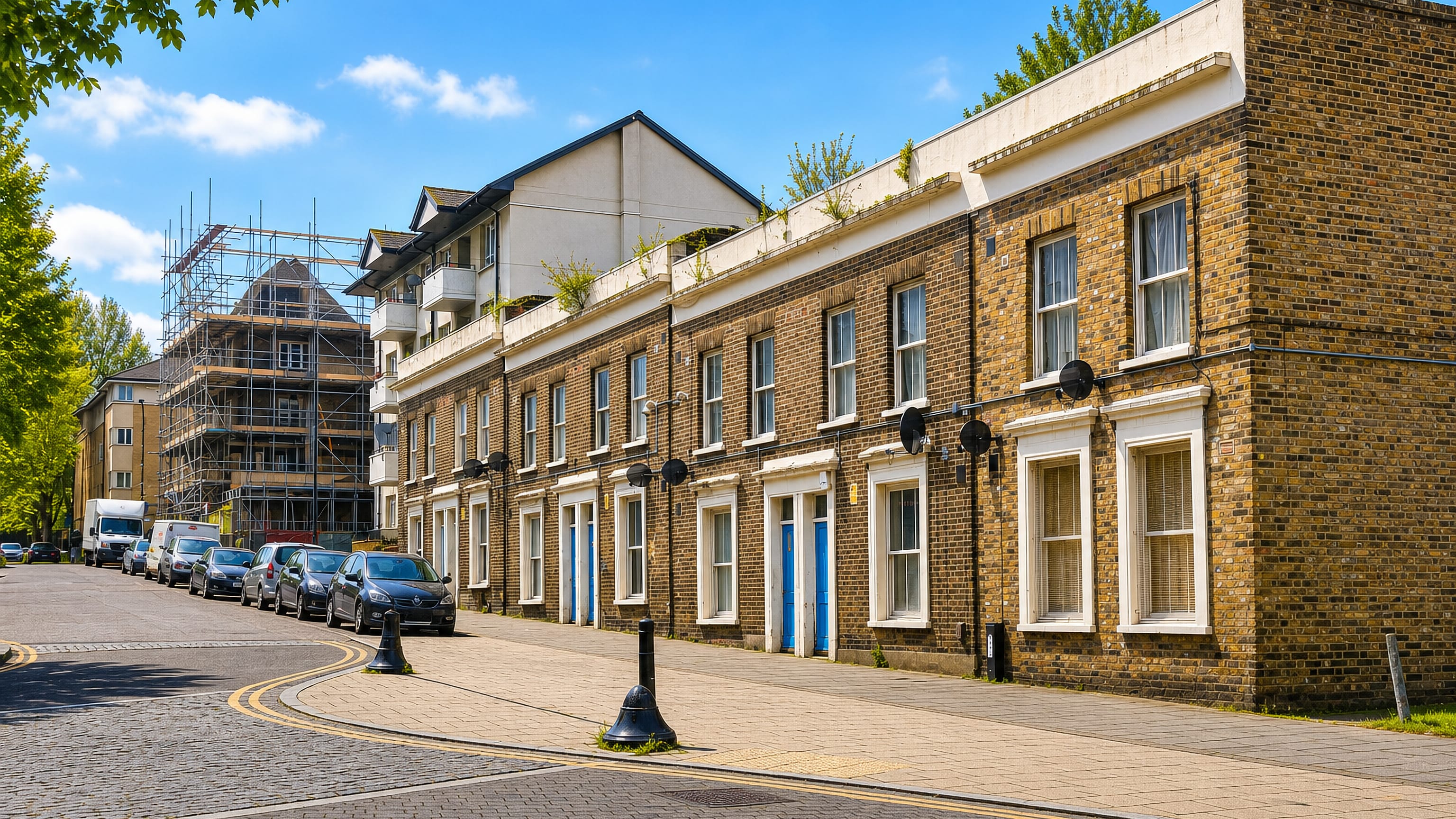 Yellow-brick Victorian terraces with blue front doors on a quiet street in New Cross, south London.