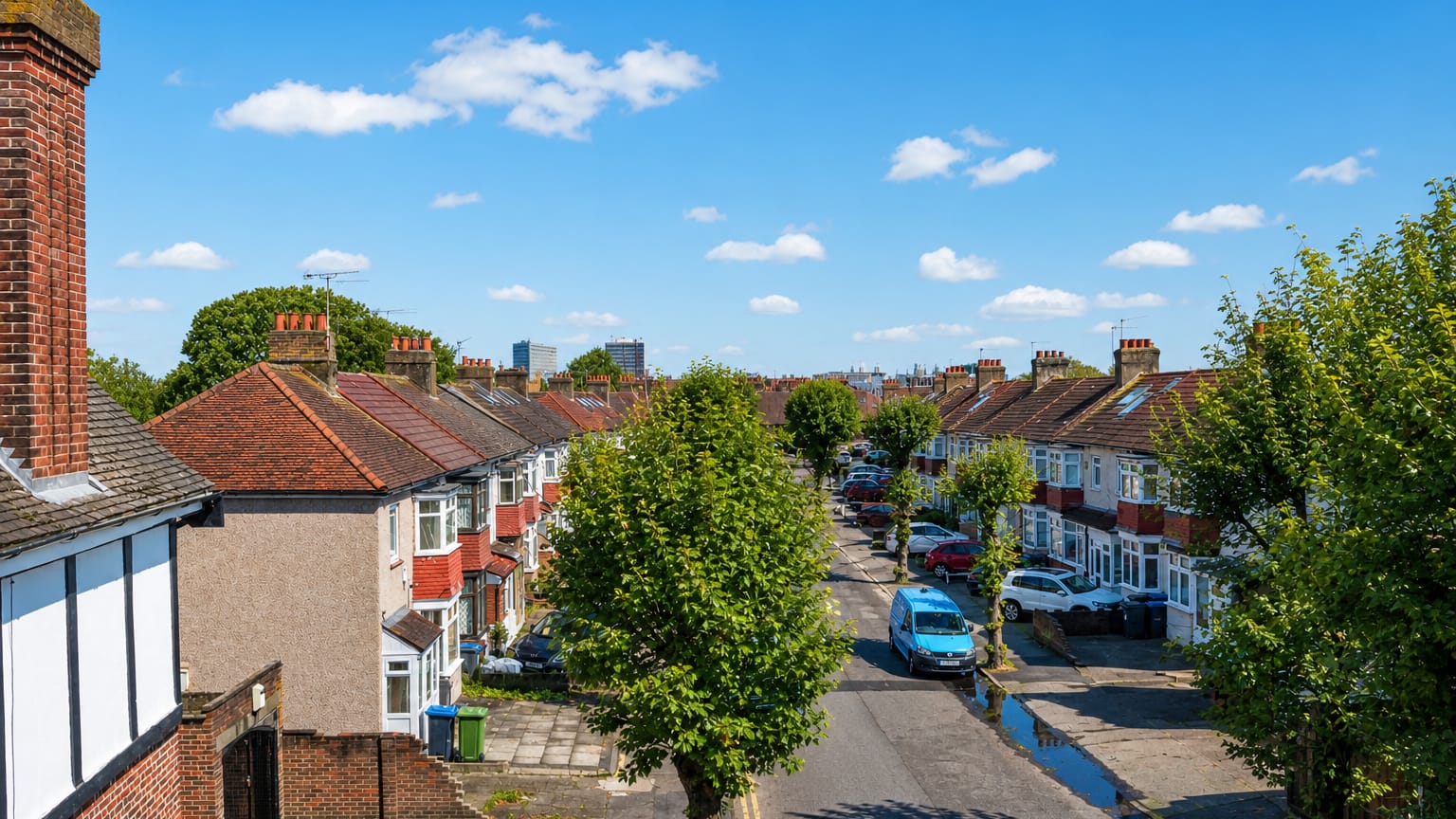 A residential street of terraced houses in New Malden with a distant tower on the skyline.