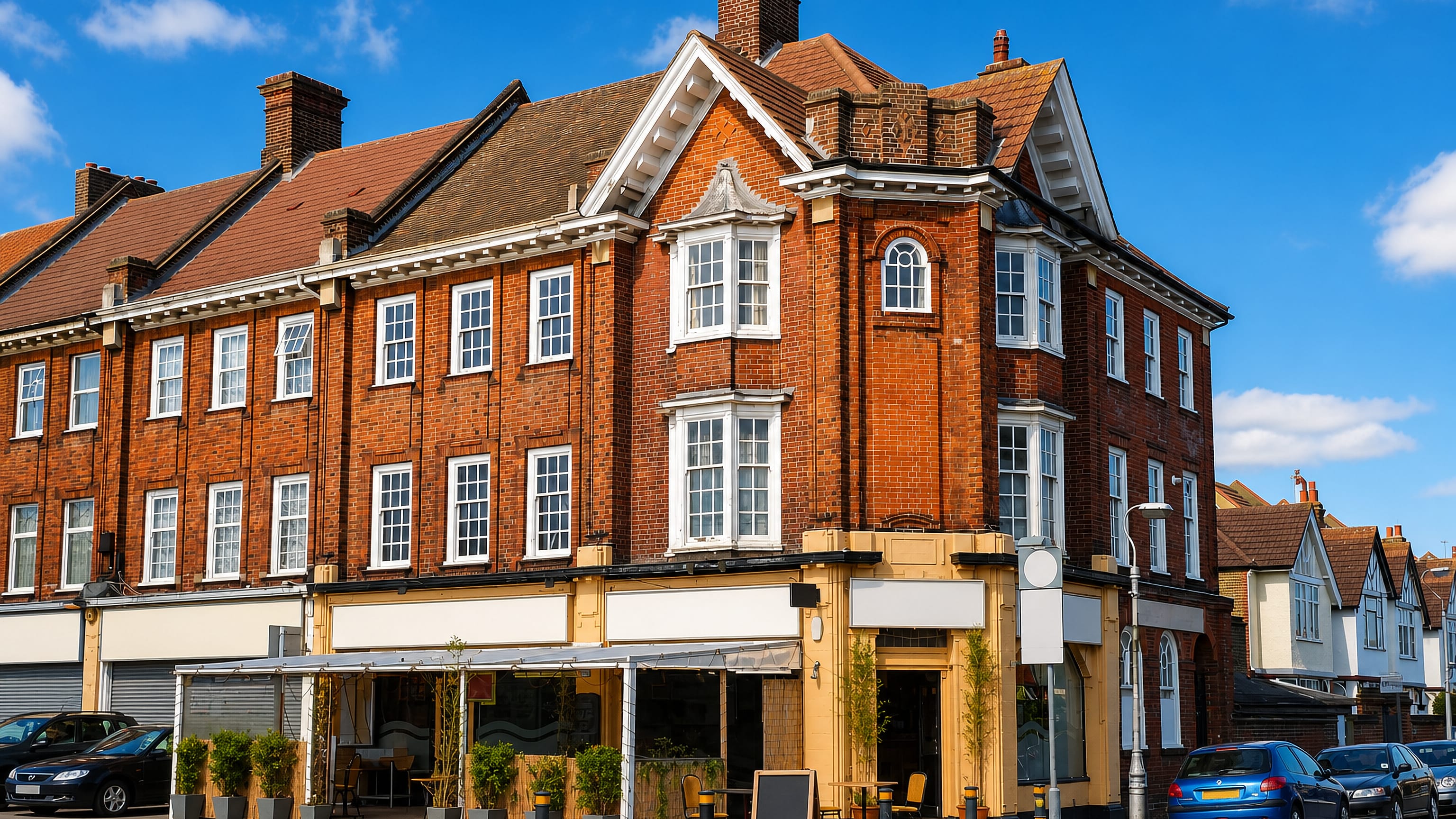 An Edwardian red-brick corner parade of shops and a pavement cafe on Norbury's high street in south London.